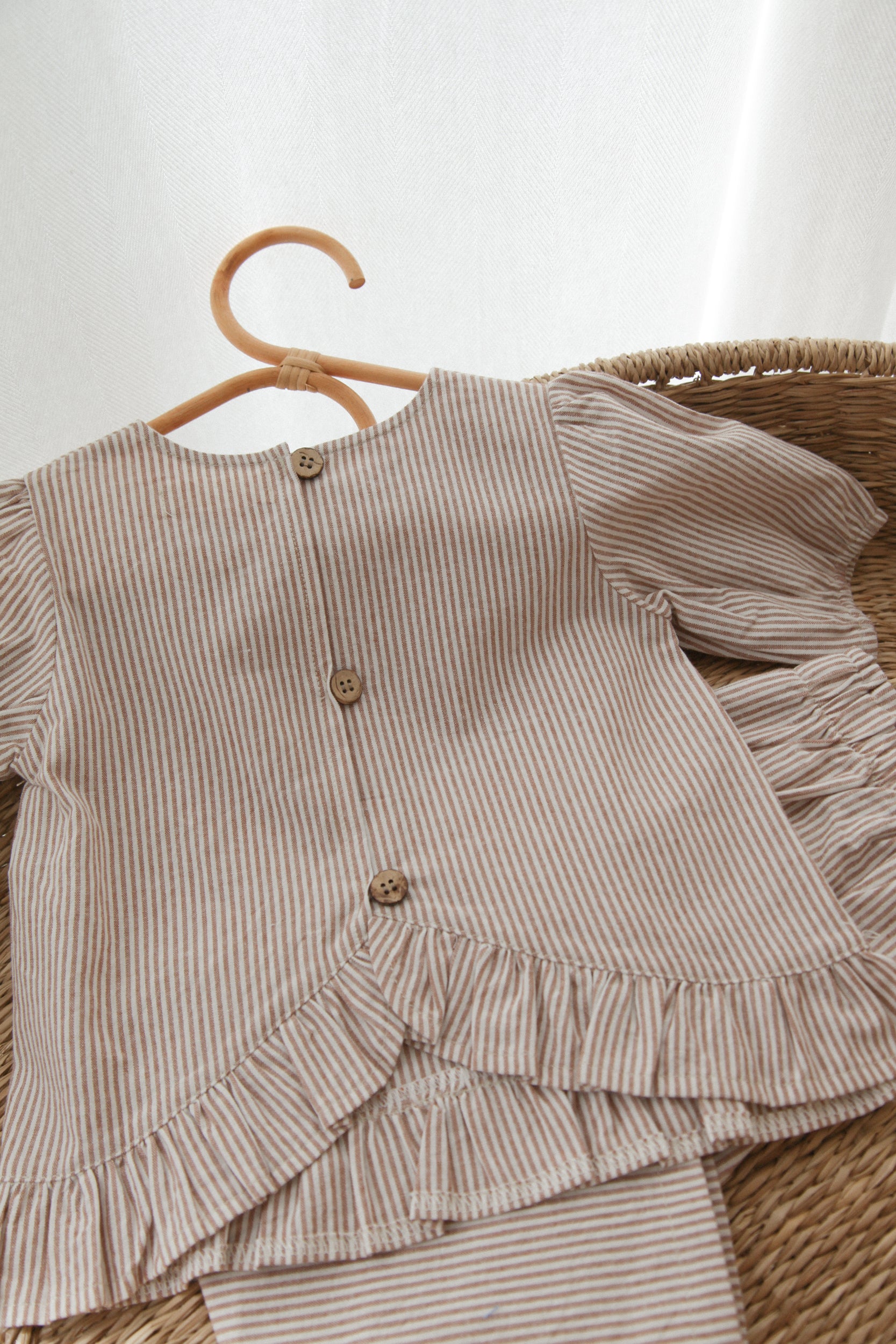 Brown/Stripe Cotton Frill Button Back Top