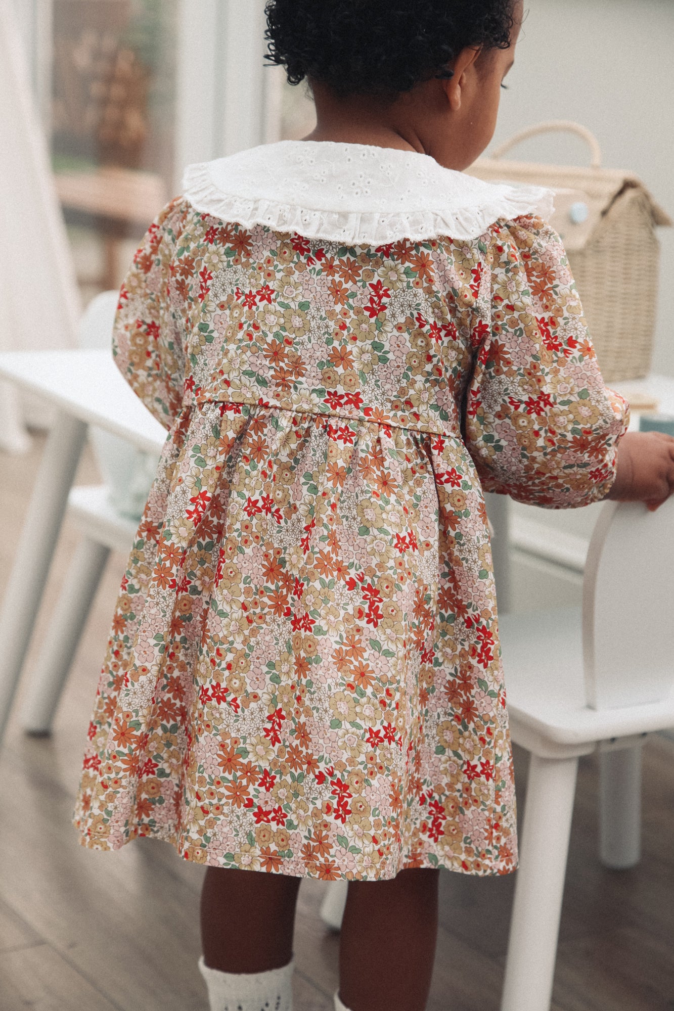 Autumn Floral & White Broderie Oversized Collar Dress