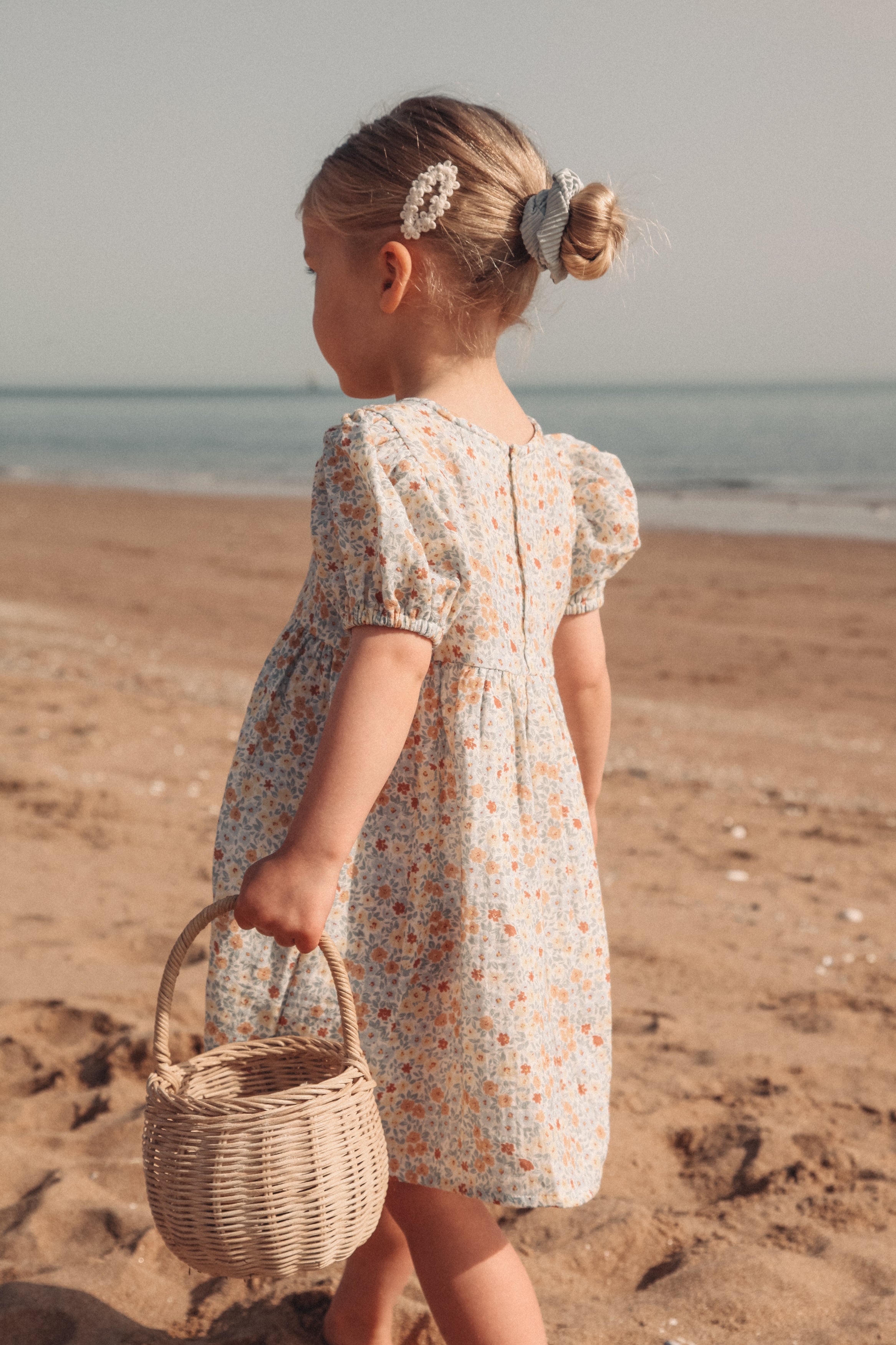 Blue/Wildflowers Puff Short Sleeve Muslin Dress
