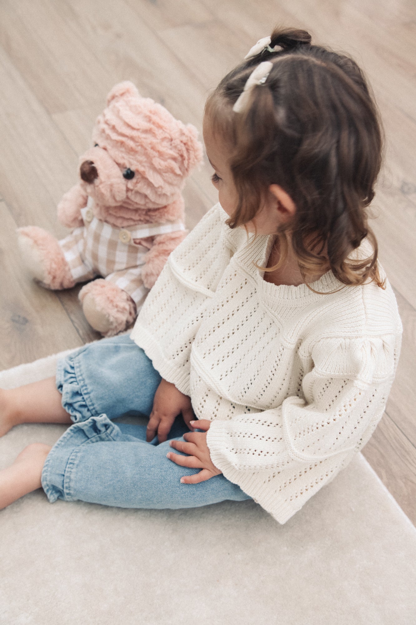 Cream Cotton Flare Sleeve Openwork Knit Jumper