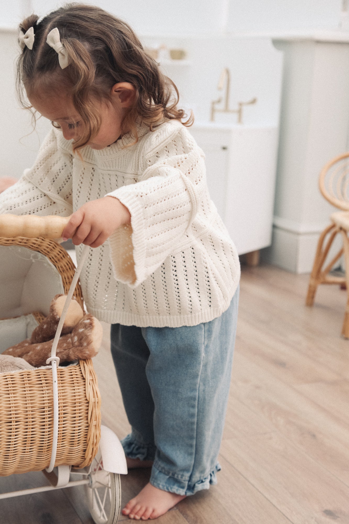 Cream Cotton Flare Sleeve Openwork Knit Jumper