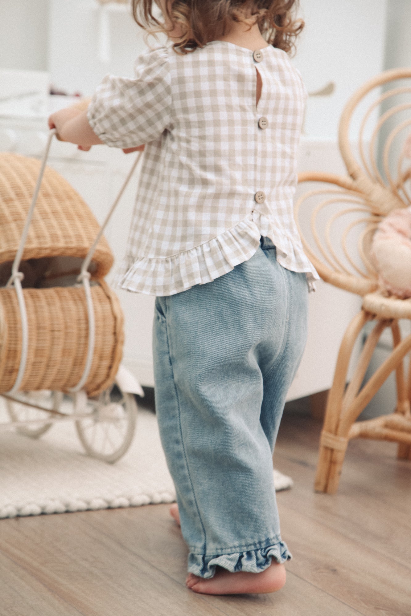 Beige/Check Cotton Frill Button Back Top