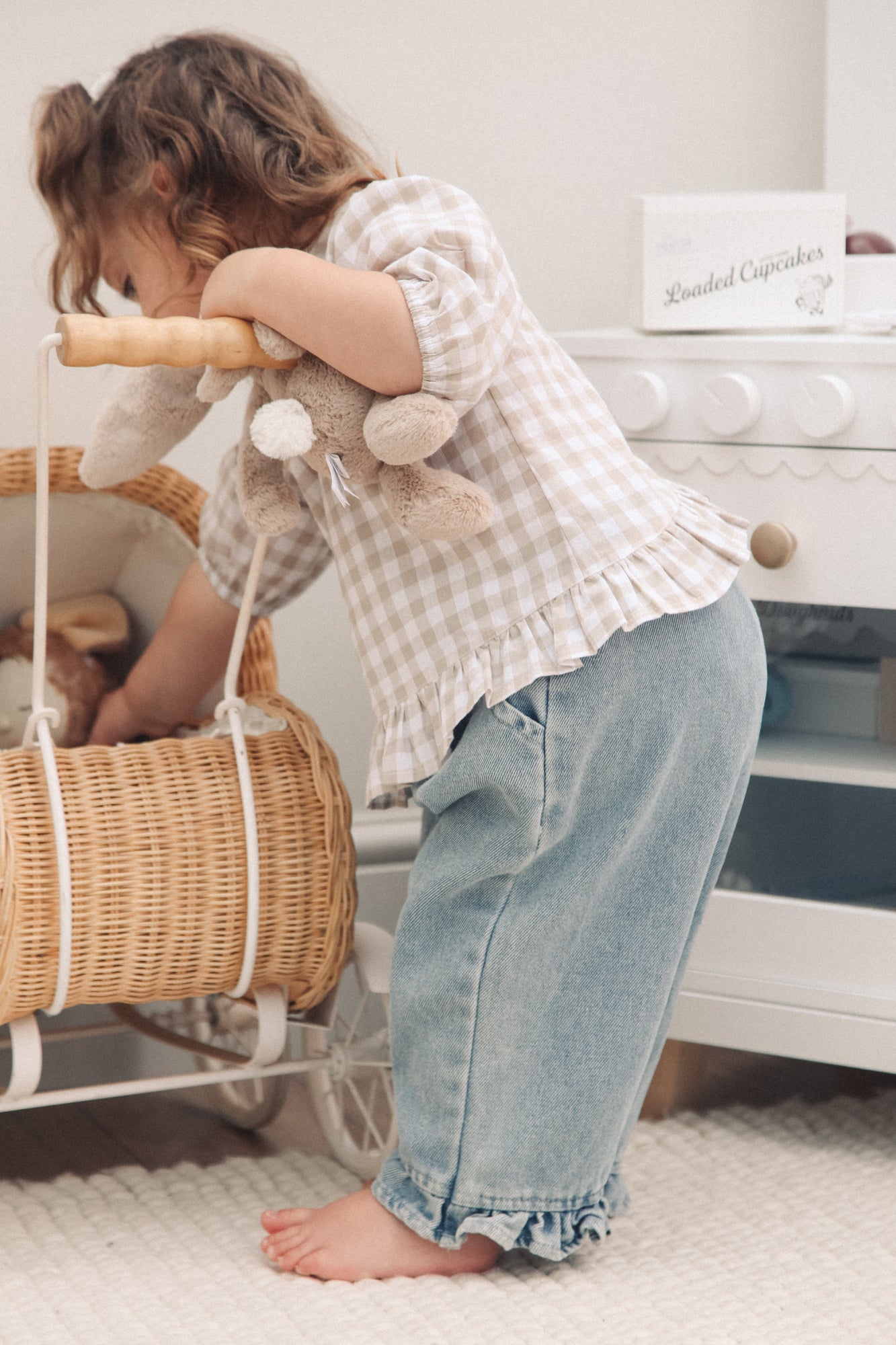 Beige/Check Cotton Frill Button Back Top