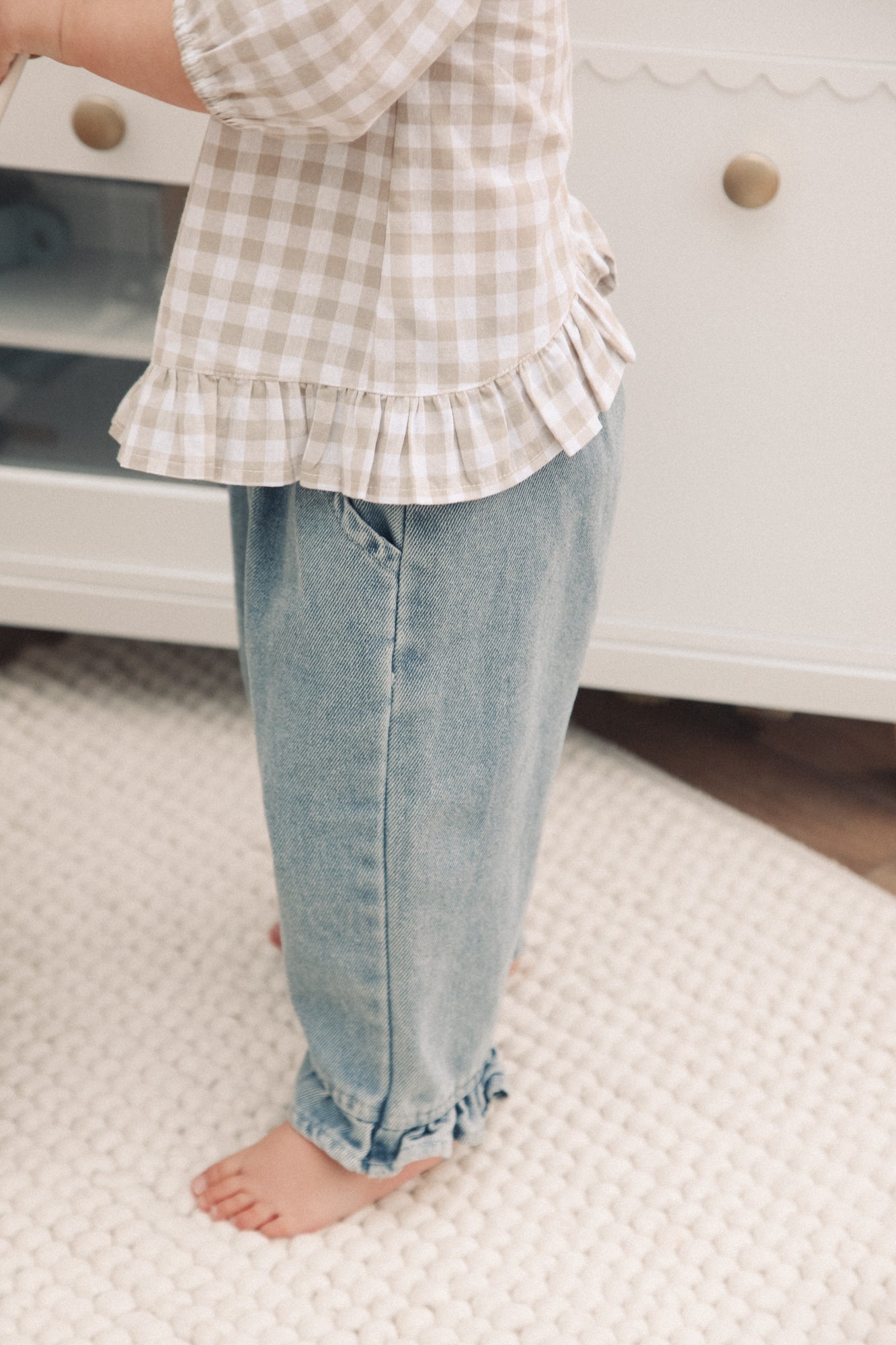 Beige/Check Cotton Frill Button Back Top