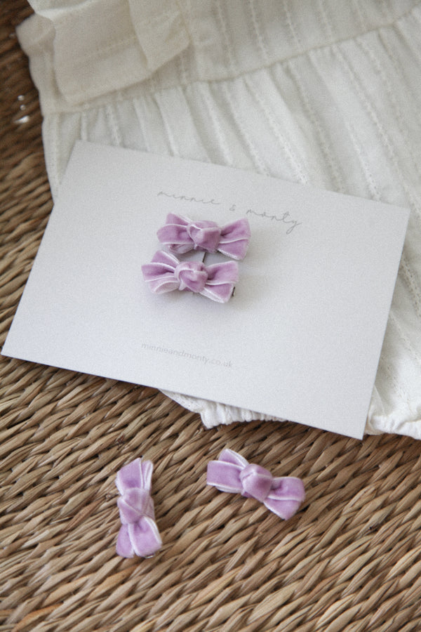 Lavender Velvet Mini Bow Clips (2 pack)