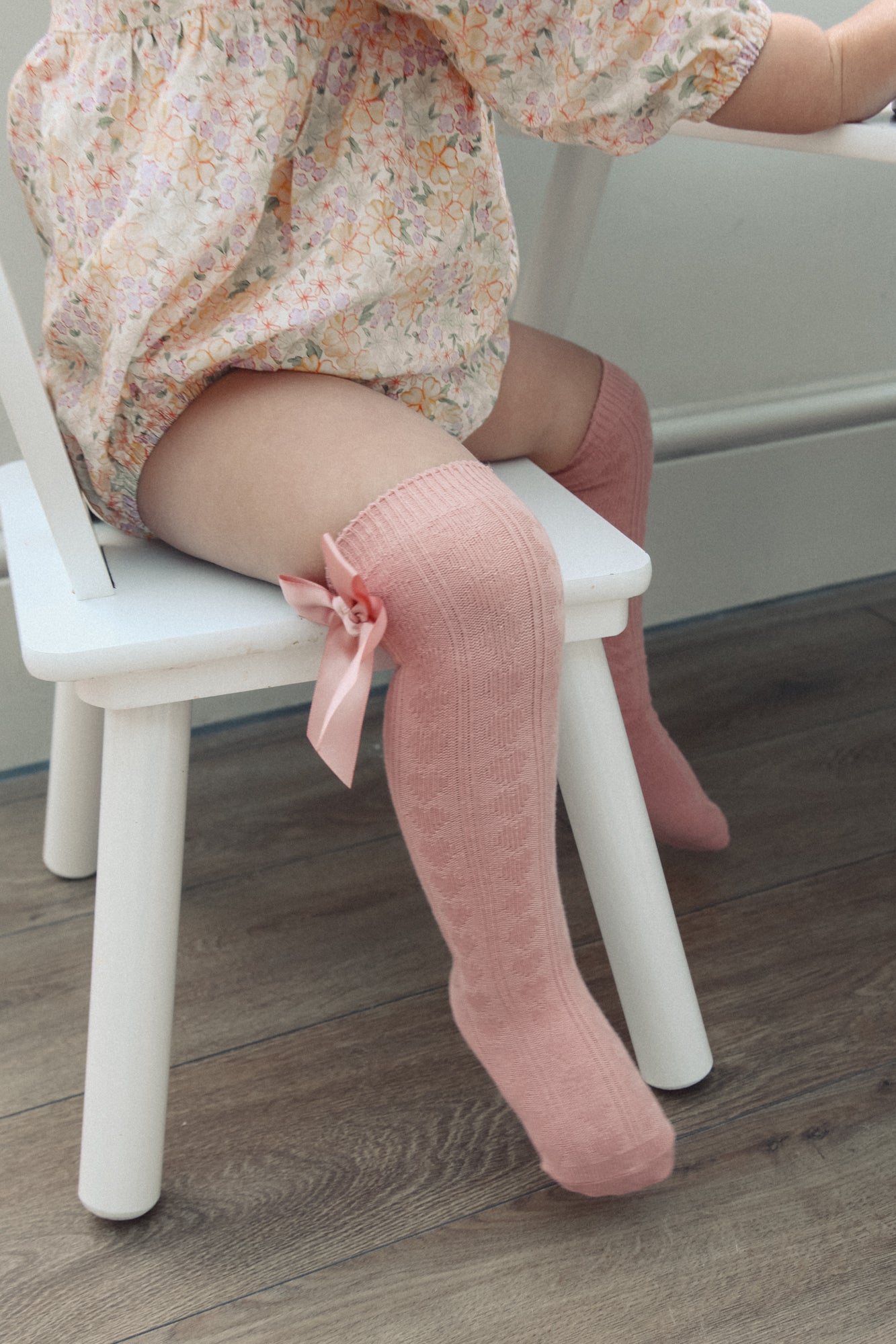 Rose Pink Satin Bow/Heart Knee High Socks