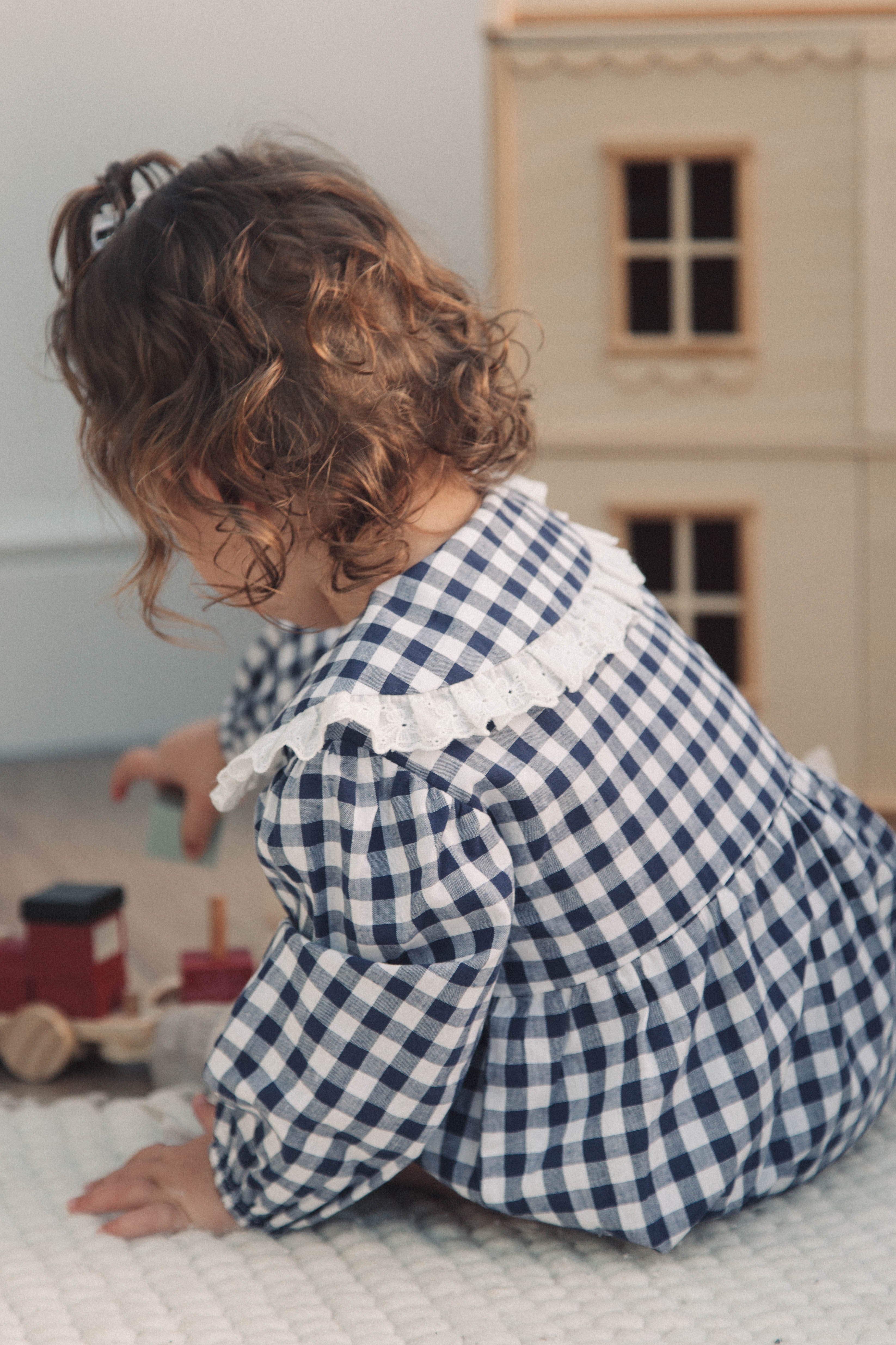 Navy/Check Broderie Frill Collar Romper