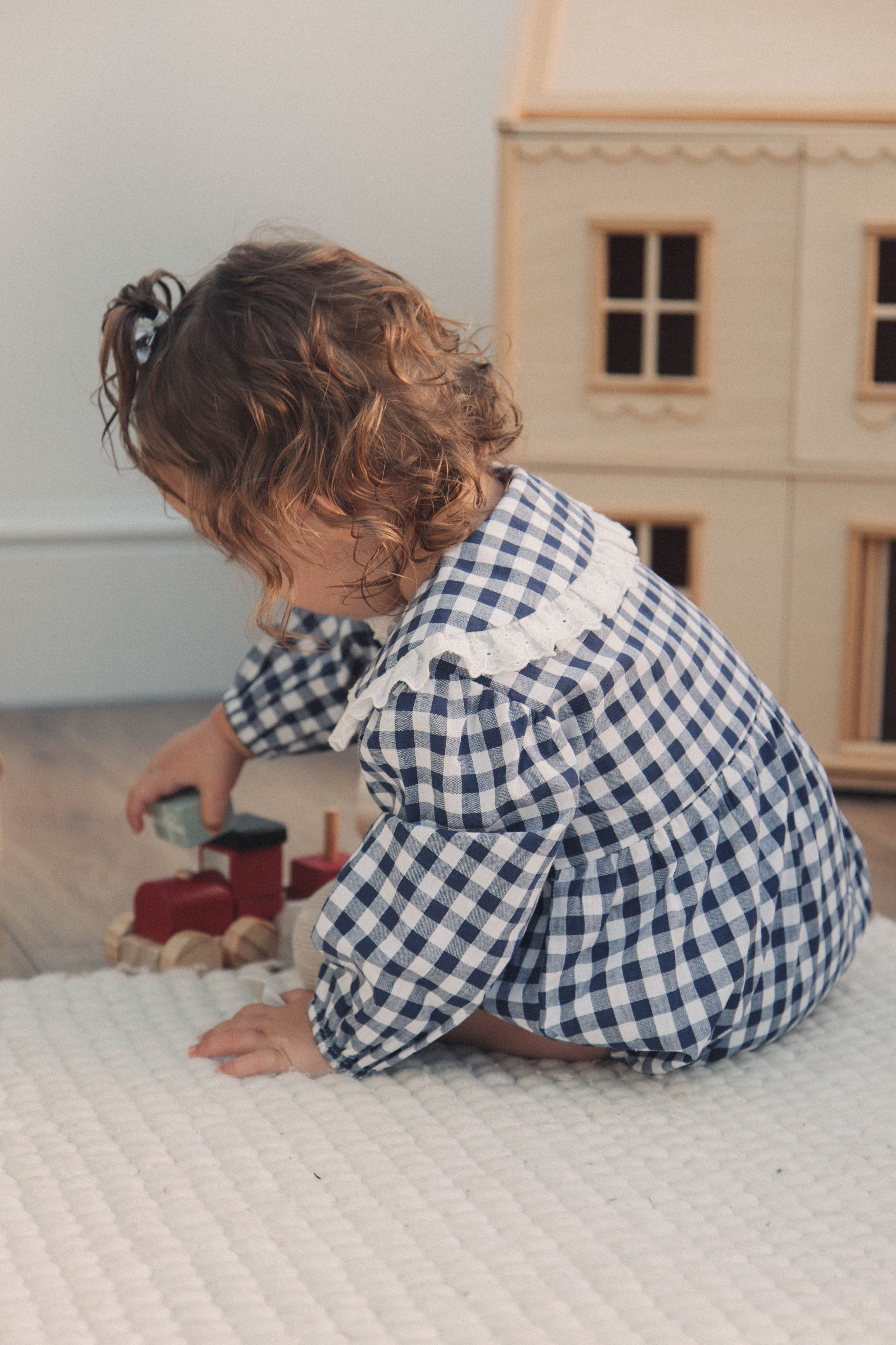 Navy/Check Broderie Frill Collar Romper