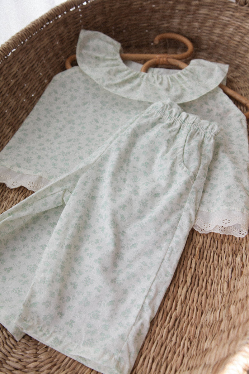 Pastel Green Ditsy Floral Frill Top