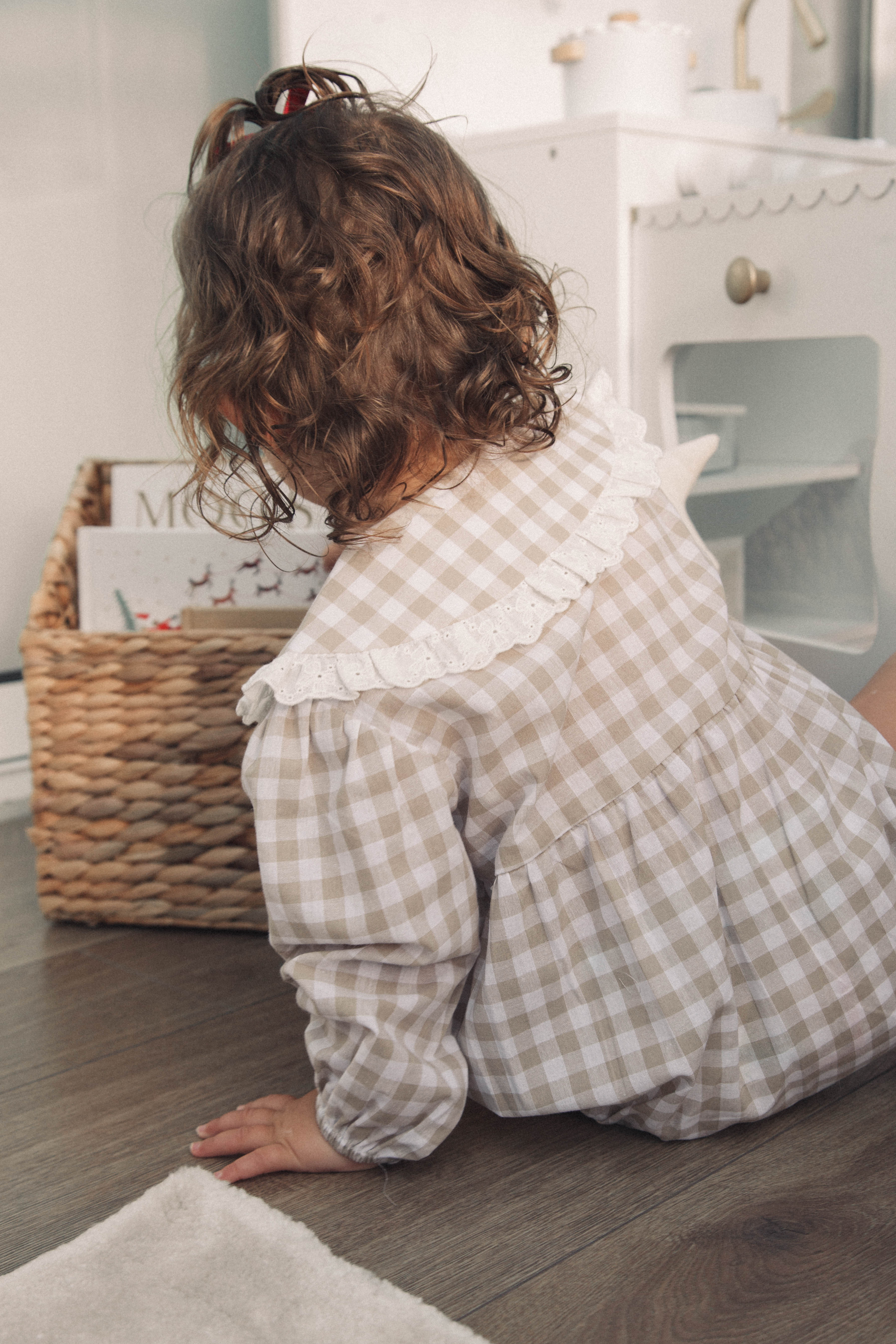 Beige/Check Broderie Frill Collar Romper