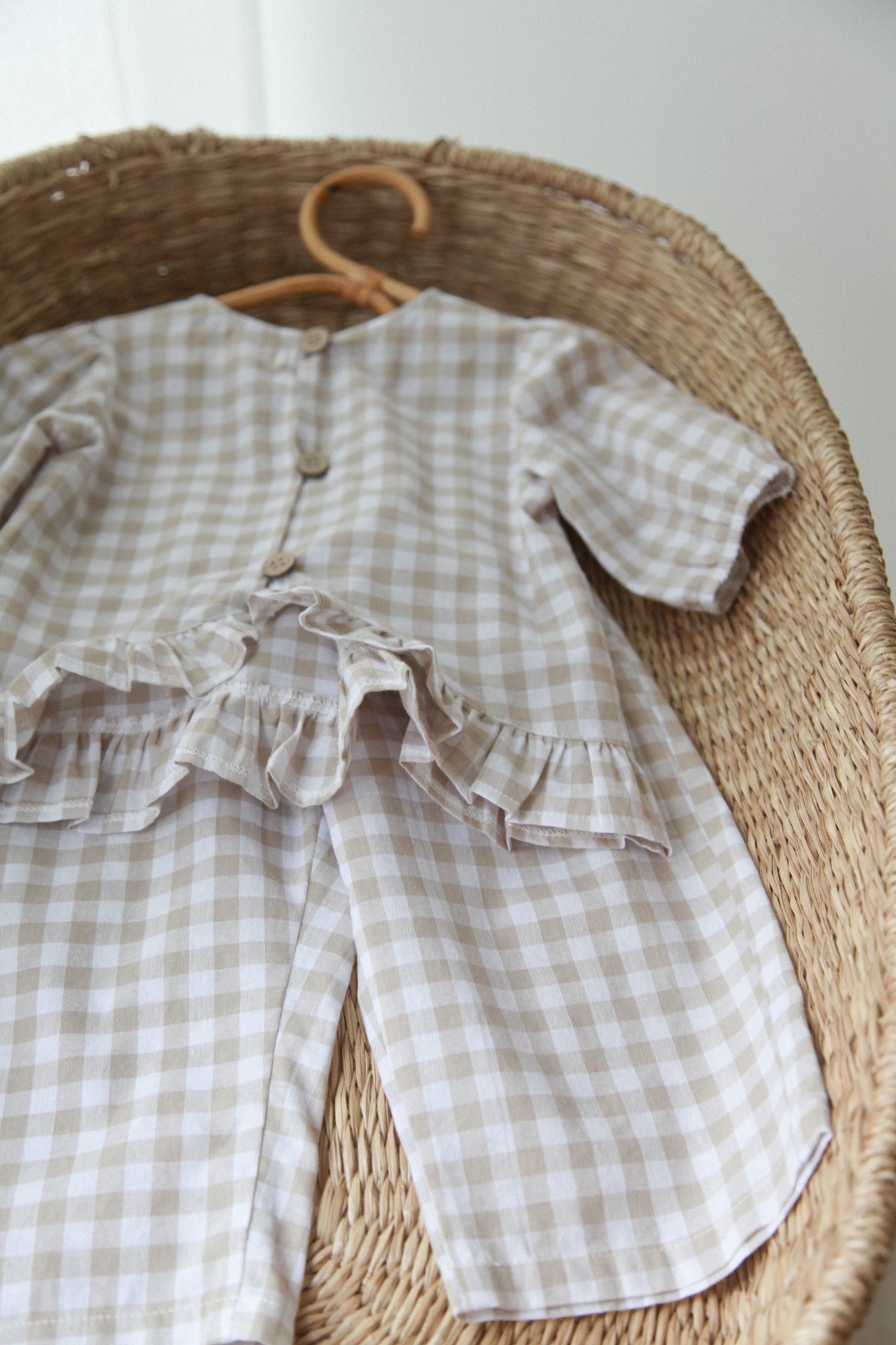 Beige/Check Cotton Frill Button Back Top