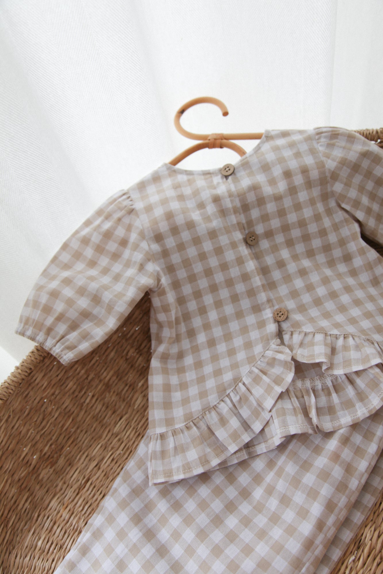 Beige/Check Cotton Frill Button Back Top