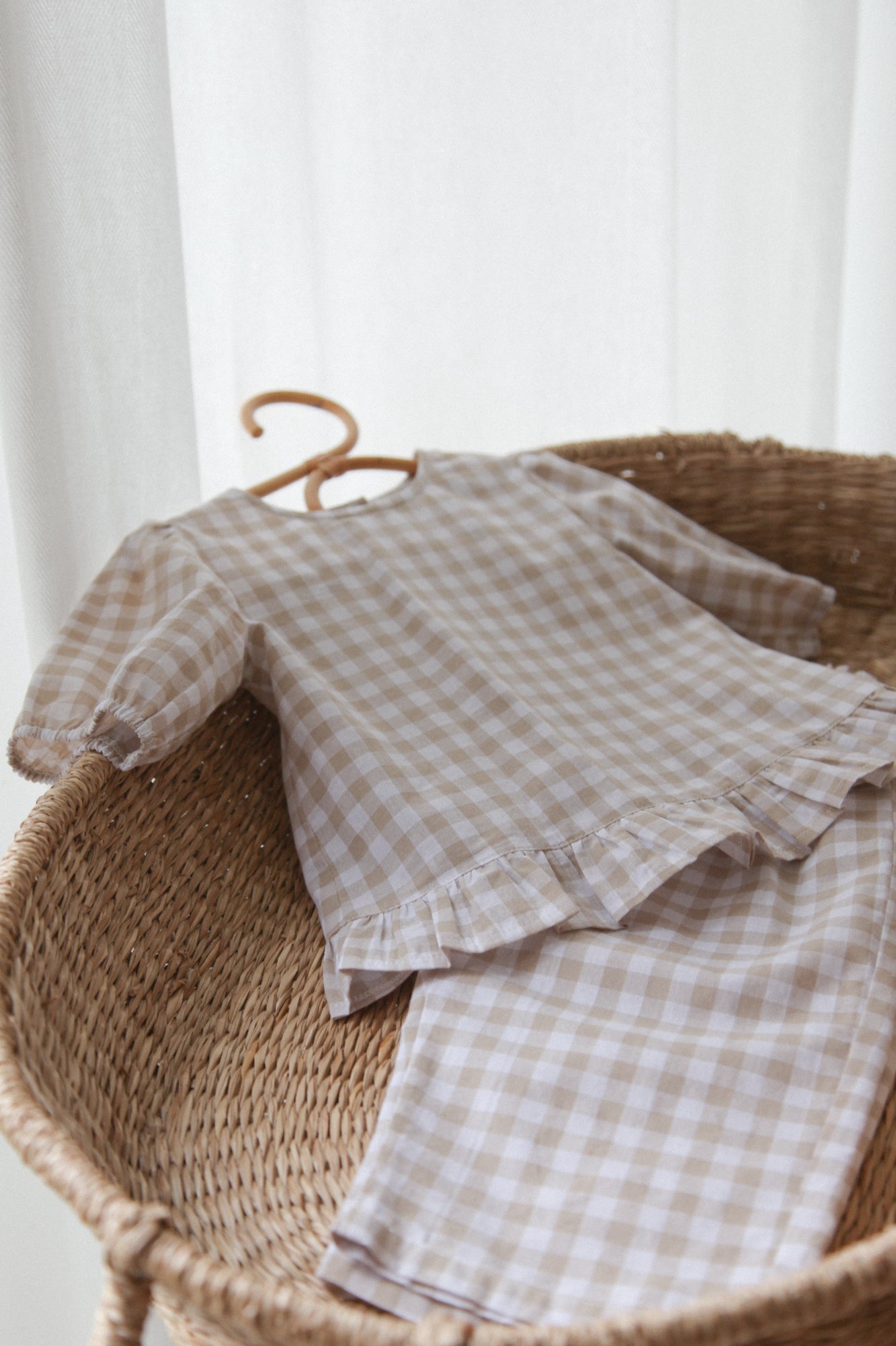 WHOLESALE Beige/Check Cotton Frill Button Back Top
