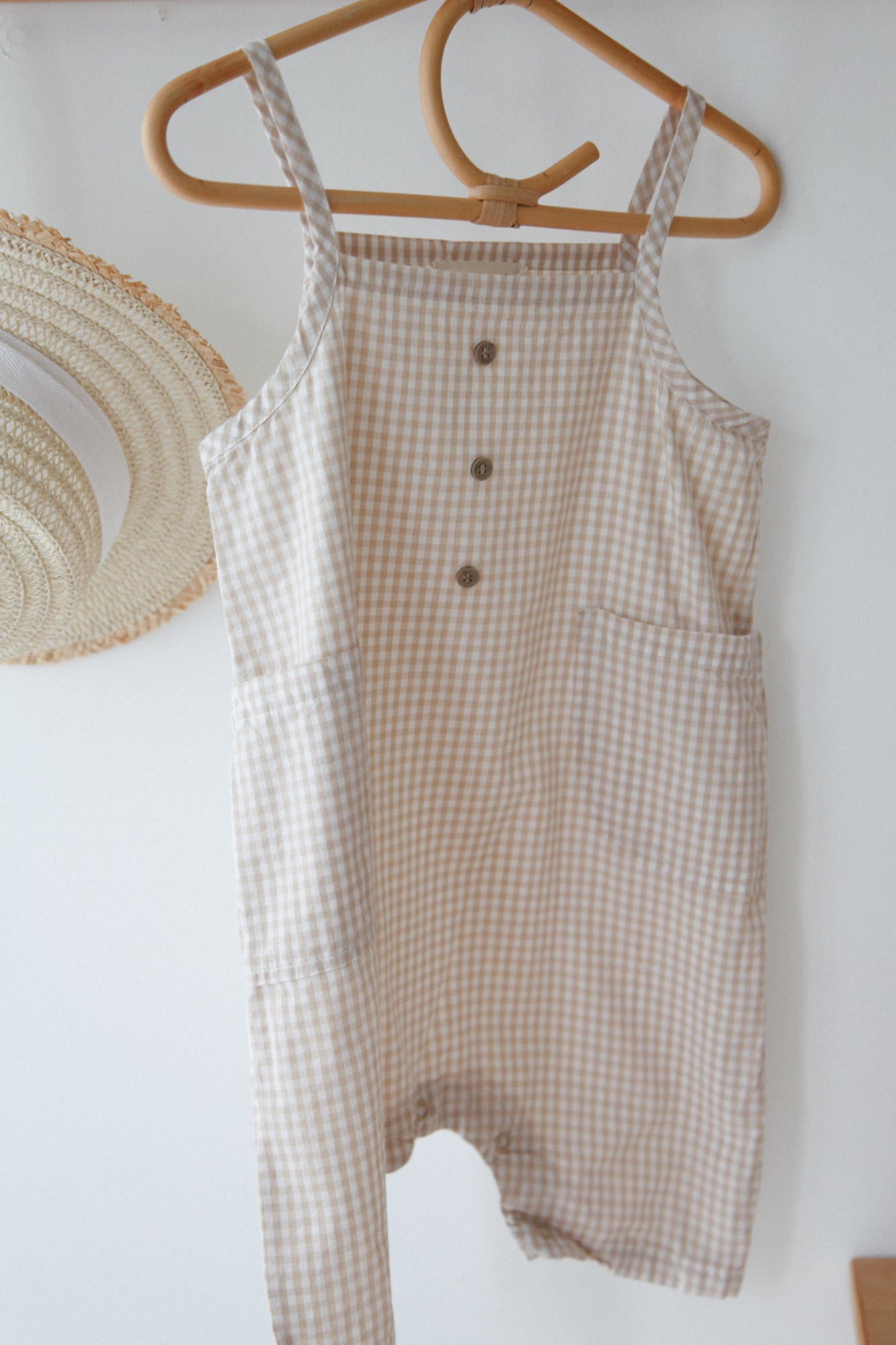Beige/Gingham Pocket Overalls