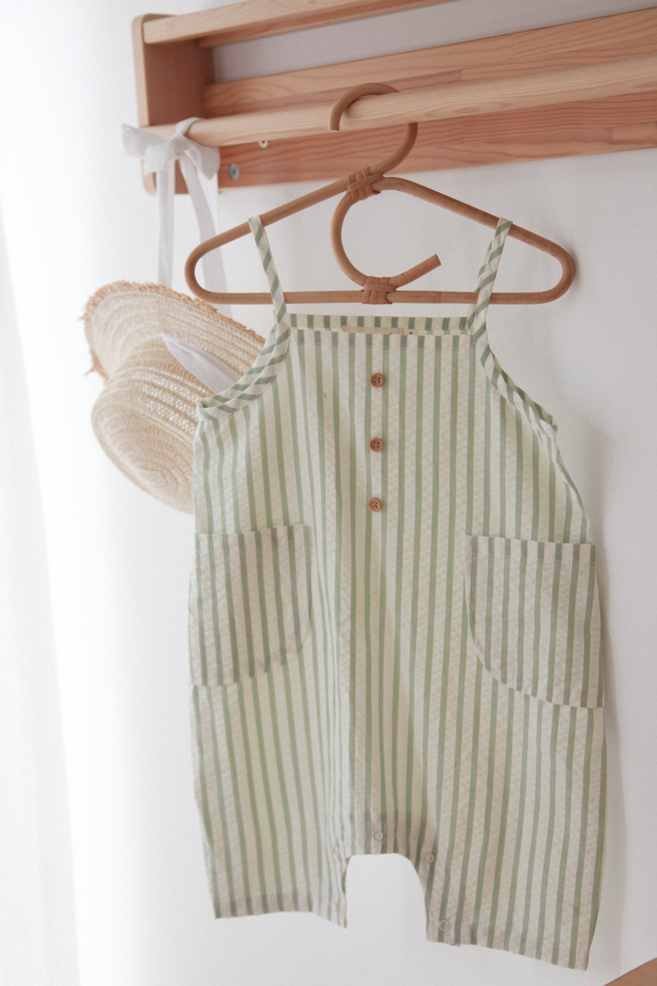 Green/White Seersucker Stripe Overalls Romper