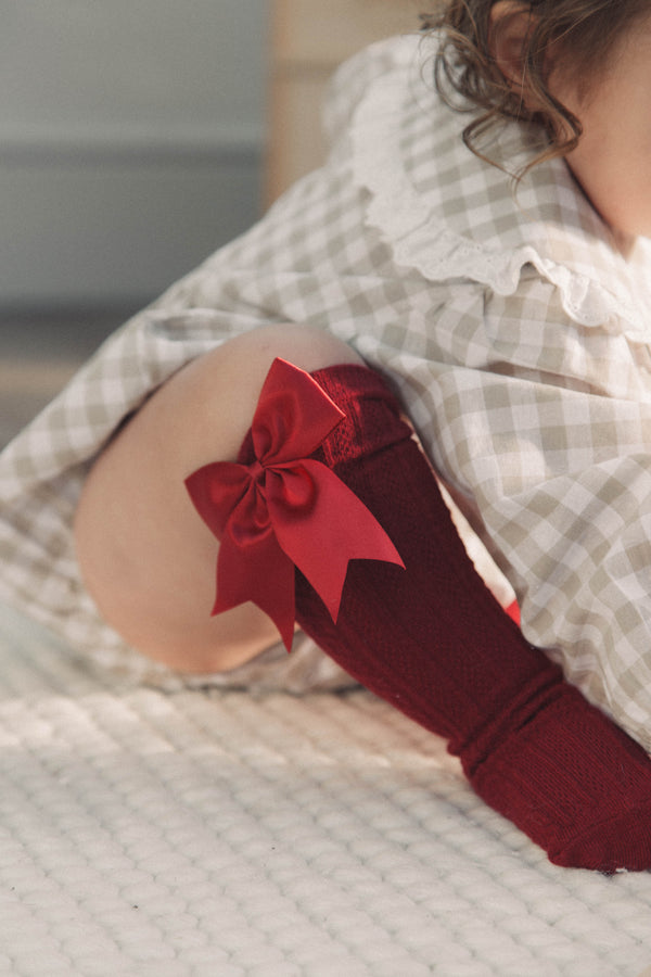 Dark Red Satin Bow Knee High Socks