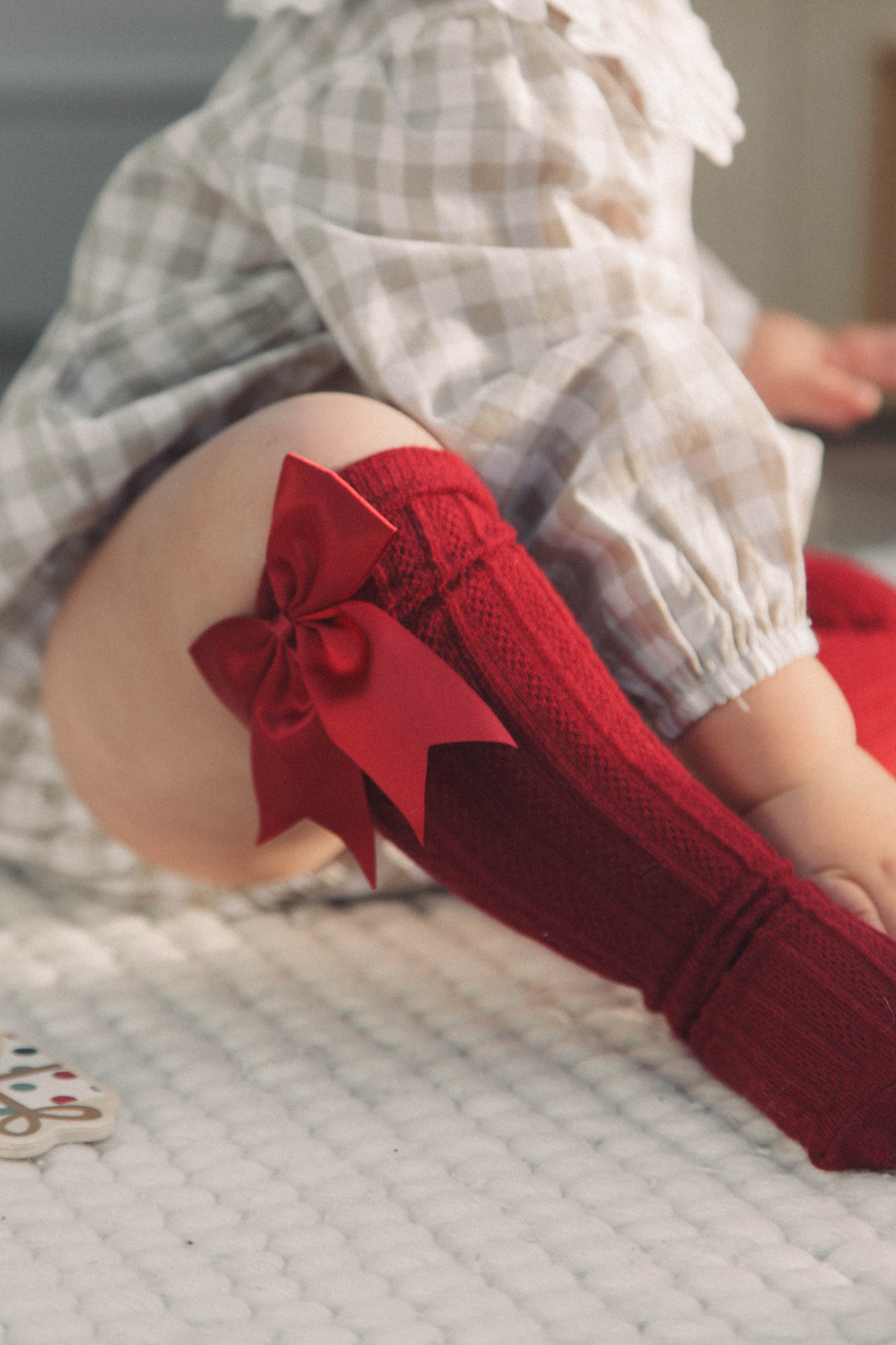 Dark Red Satin Bow Knee High Socks