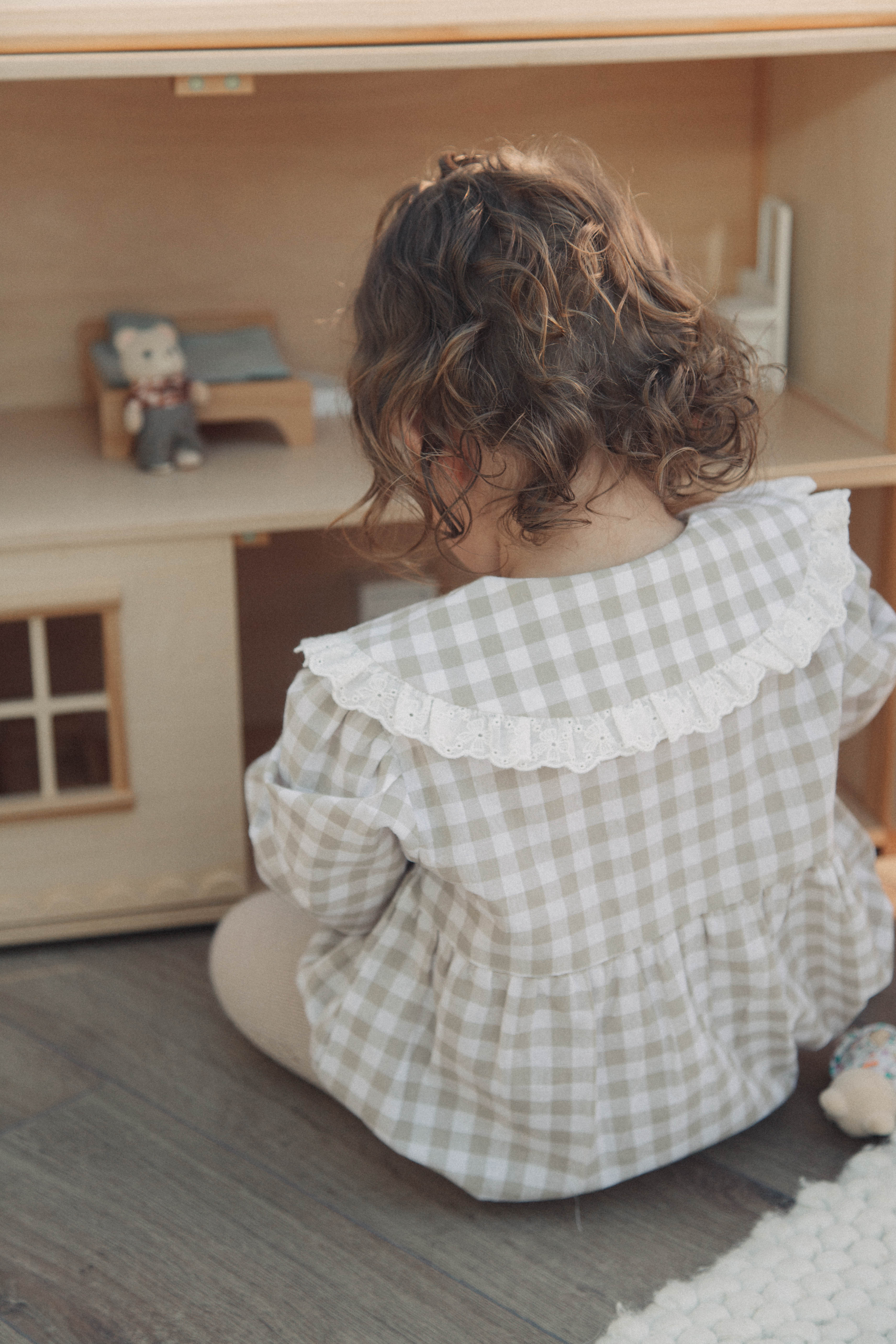 Beige/Check Broderie Frill Collar Romper