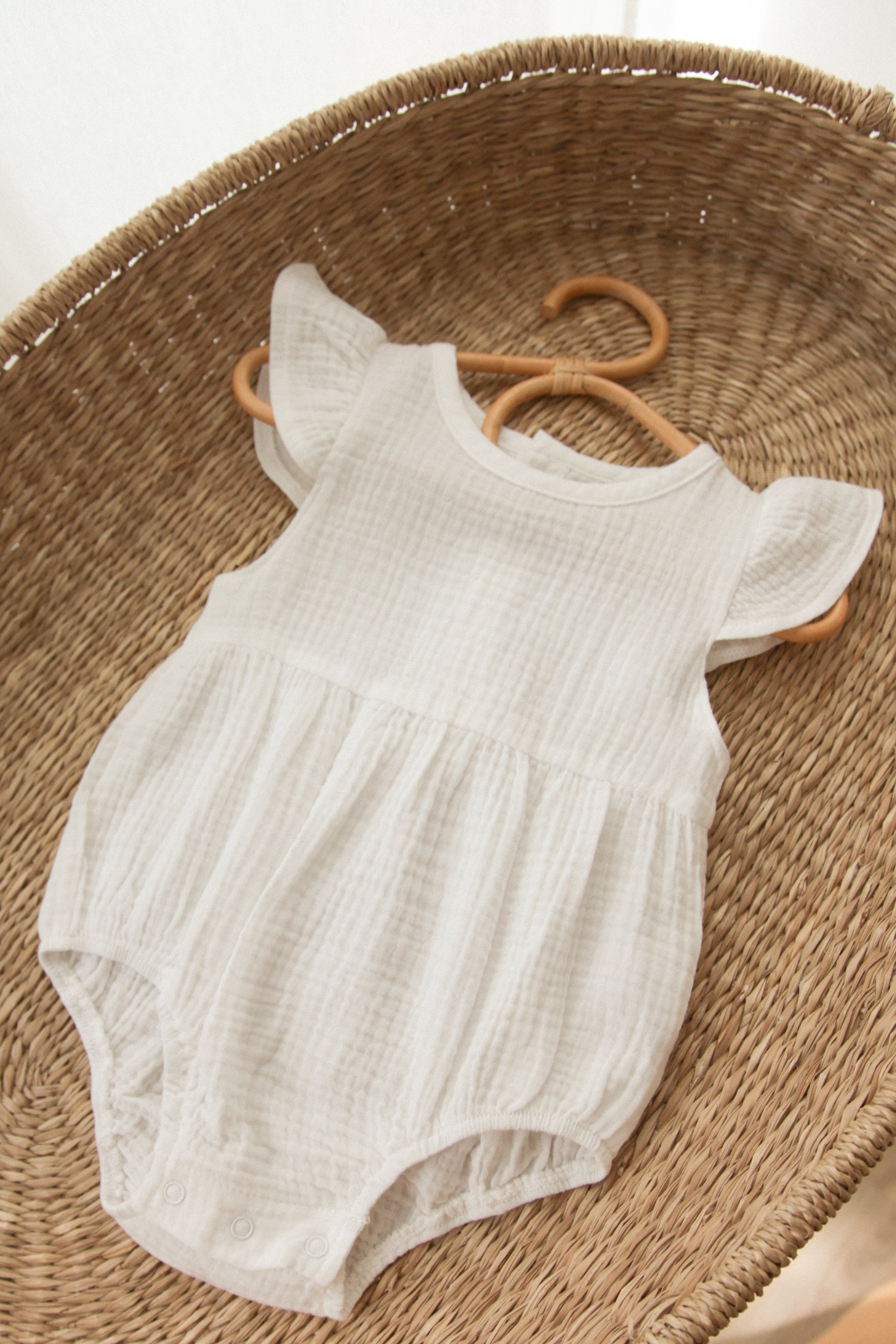 White Frill Short Sleeve Muslin Romper