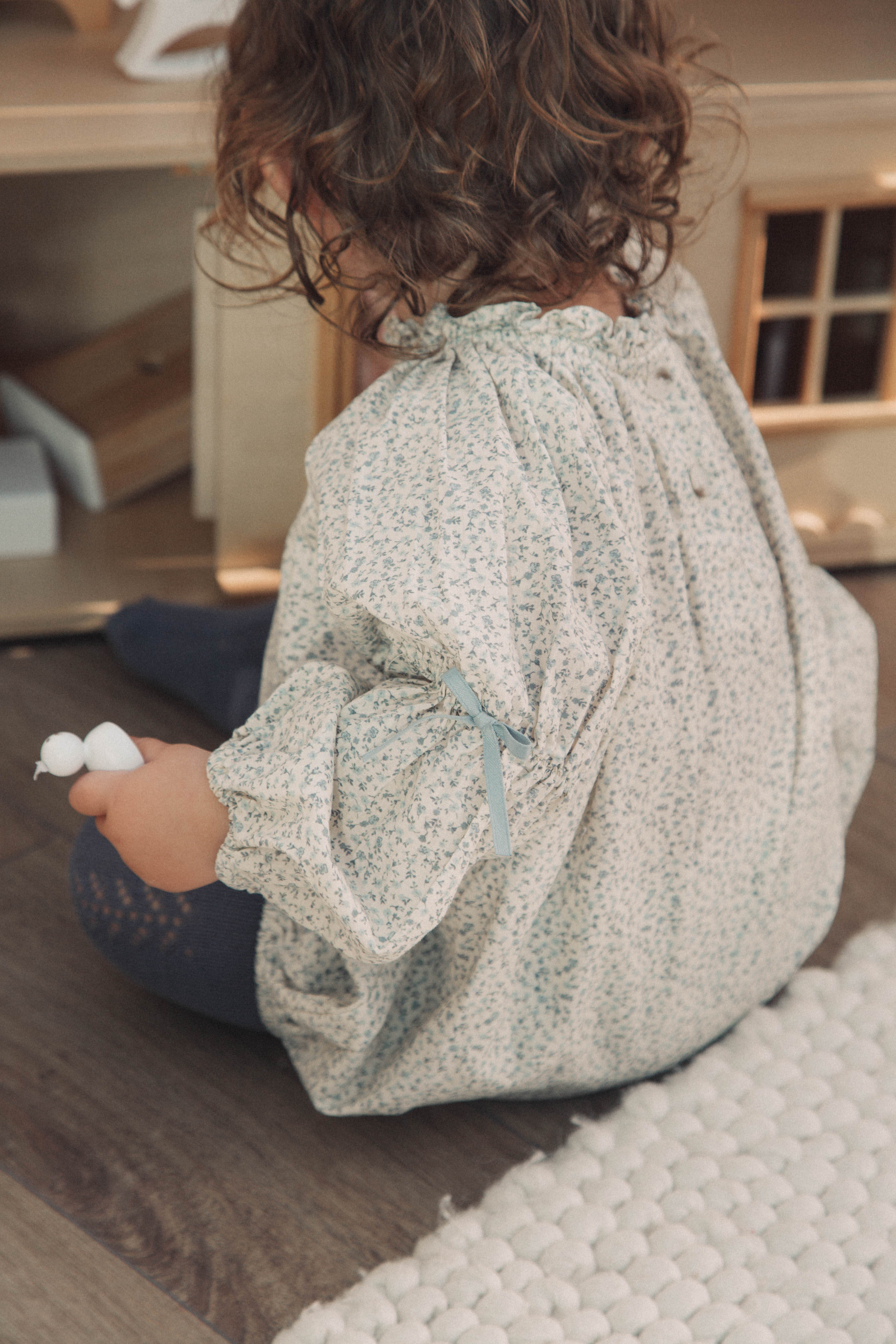 Cream/Blue Floral Bow Long Sleeve Romper