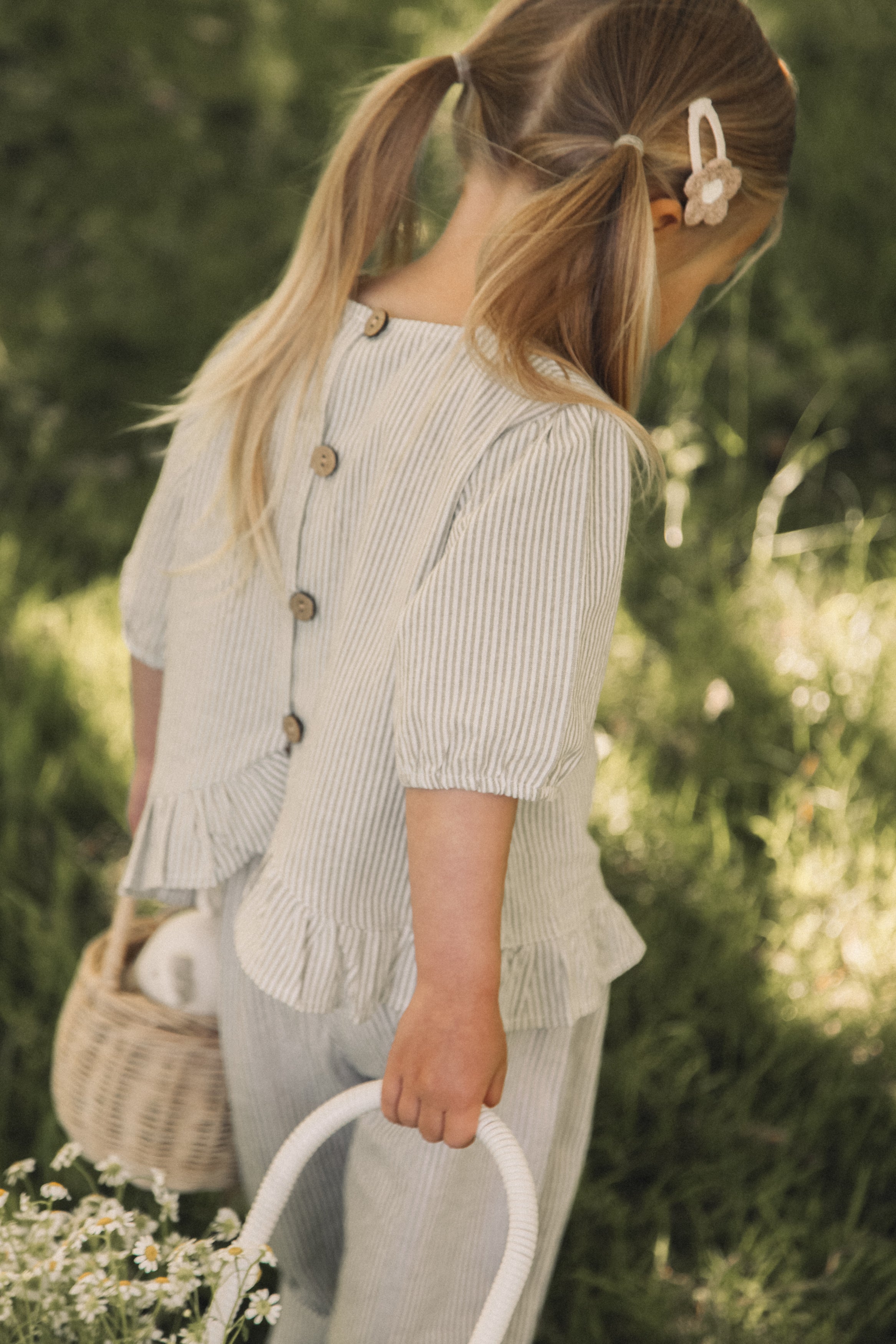 Green/Stripe Cotton Frill Button Back Top