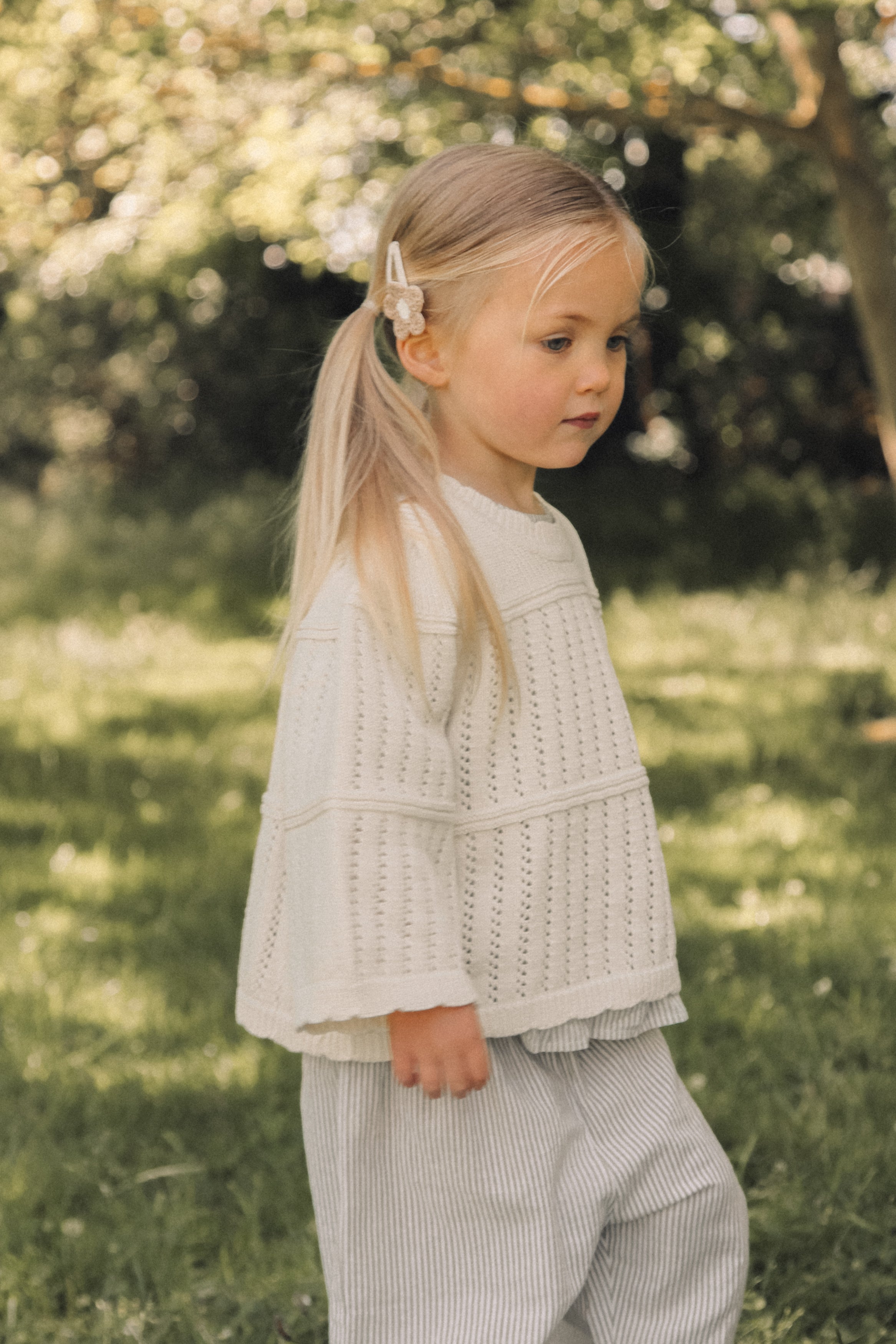 Cream Cotton Flare Sleeve Openwork Knit Jumper