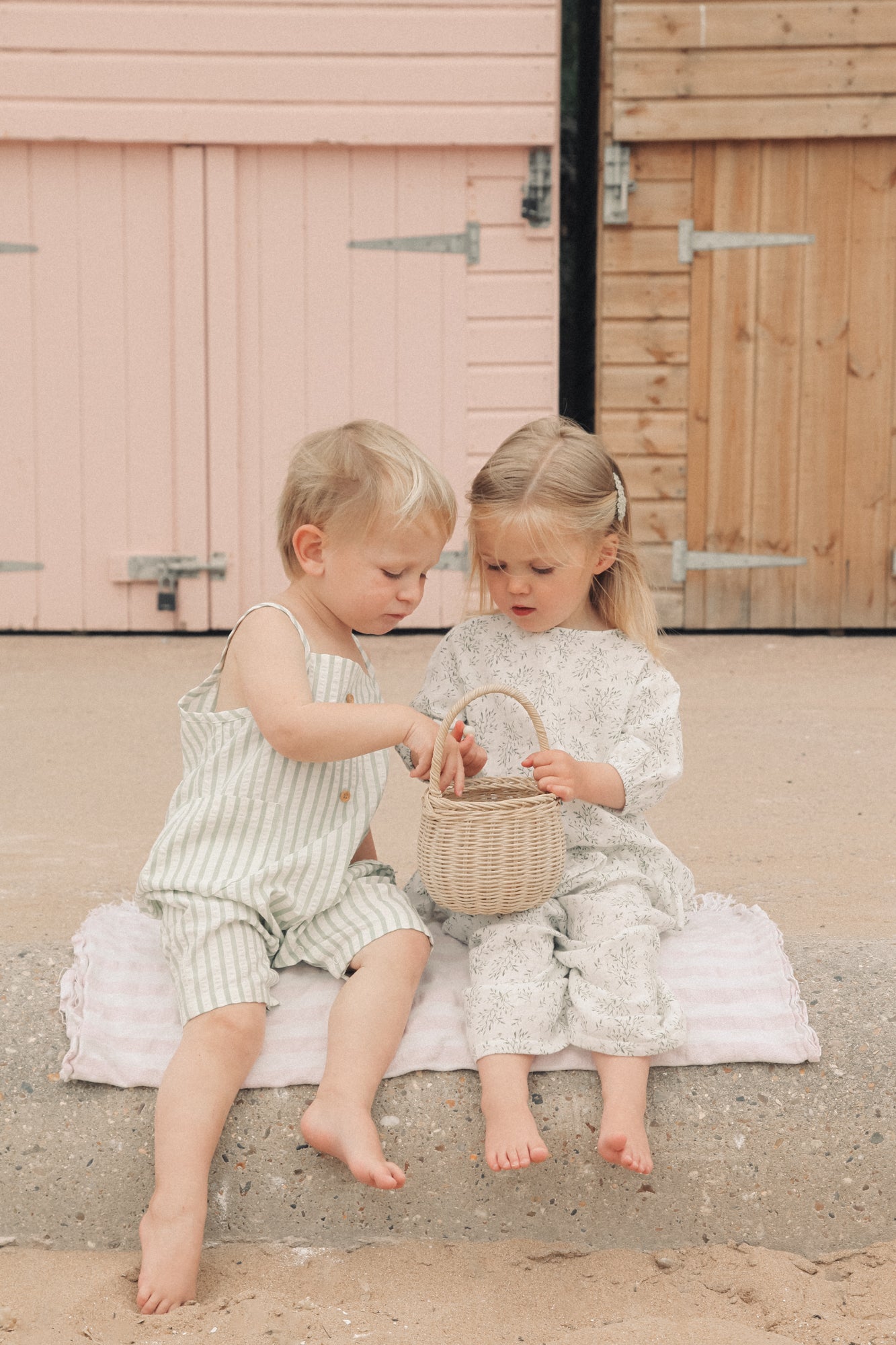 Unisex Green/White Seersucker Stripe Shortie Overalls