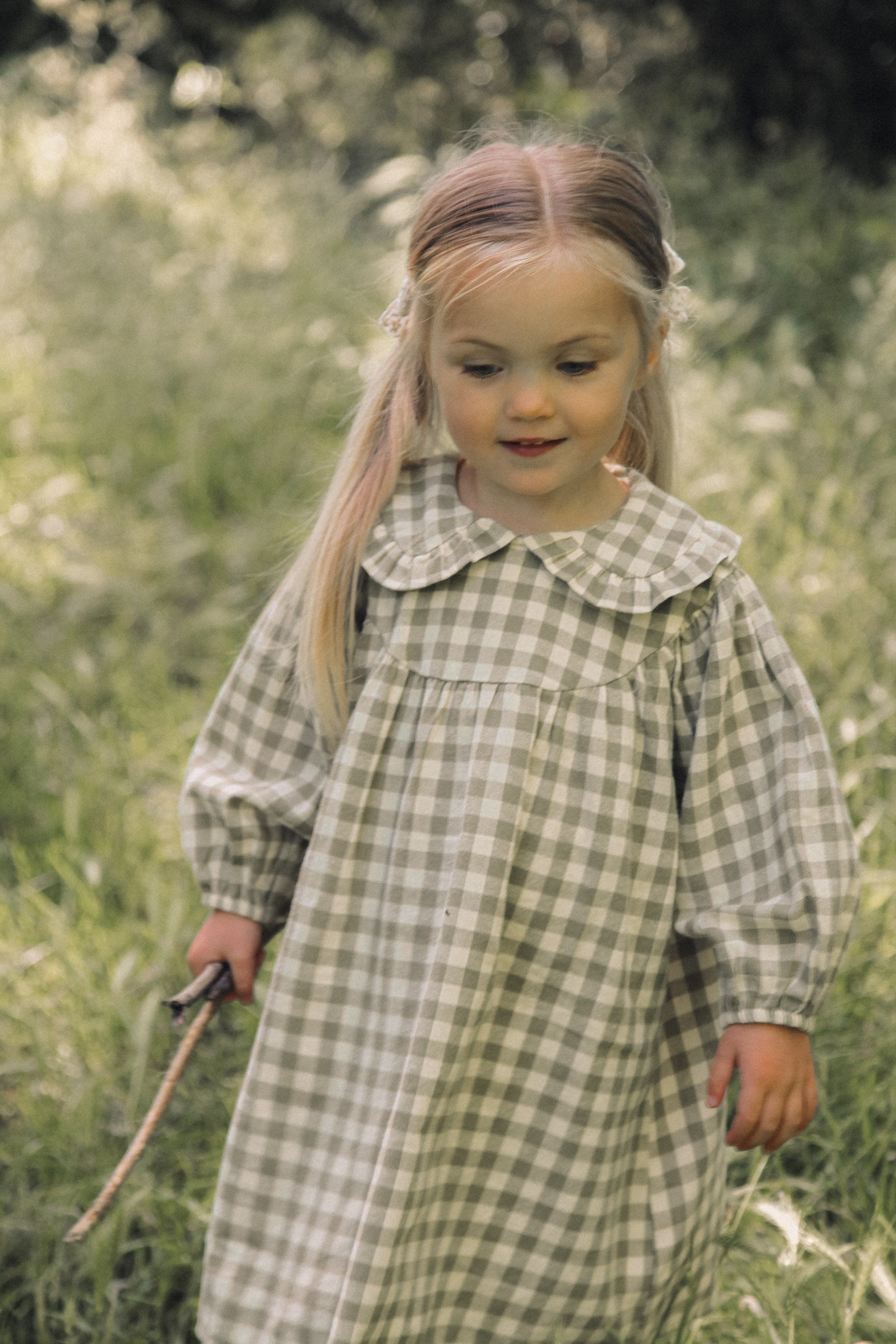 Sage Green/Check Frill Collar Smock Dress