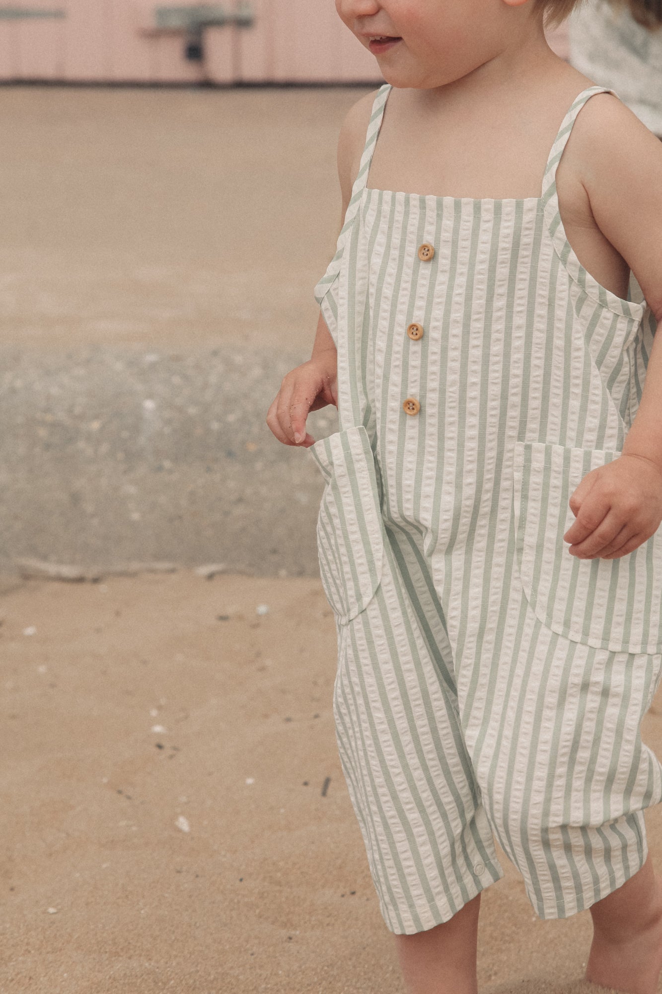 Unisex Green/White Seersucker Stripe Shortie Overalls