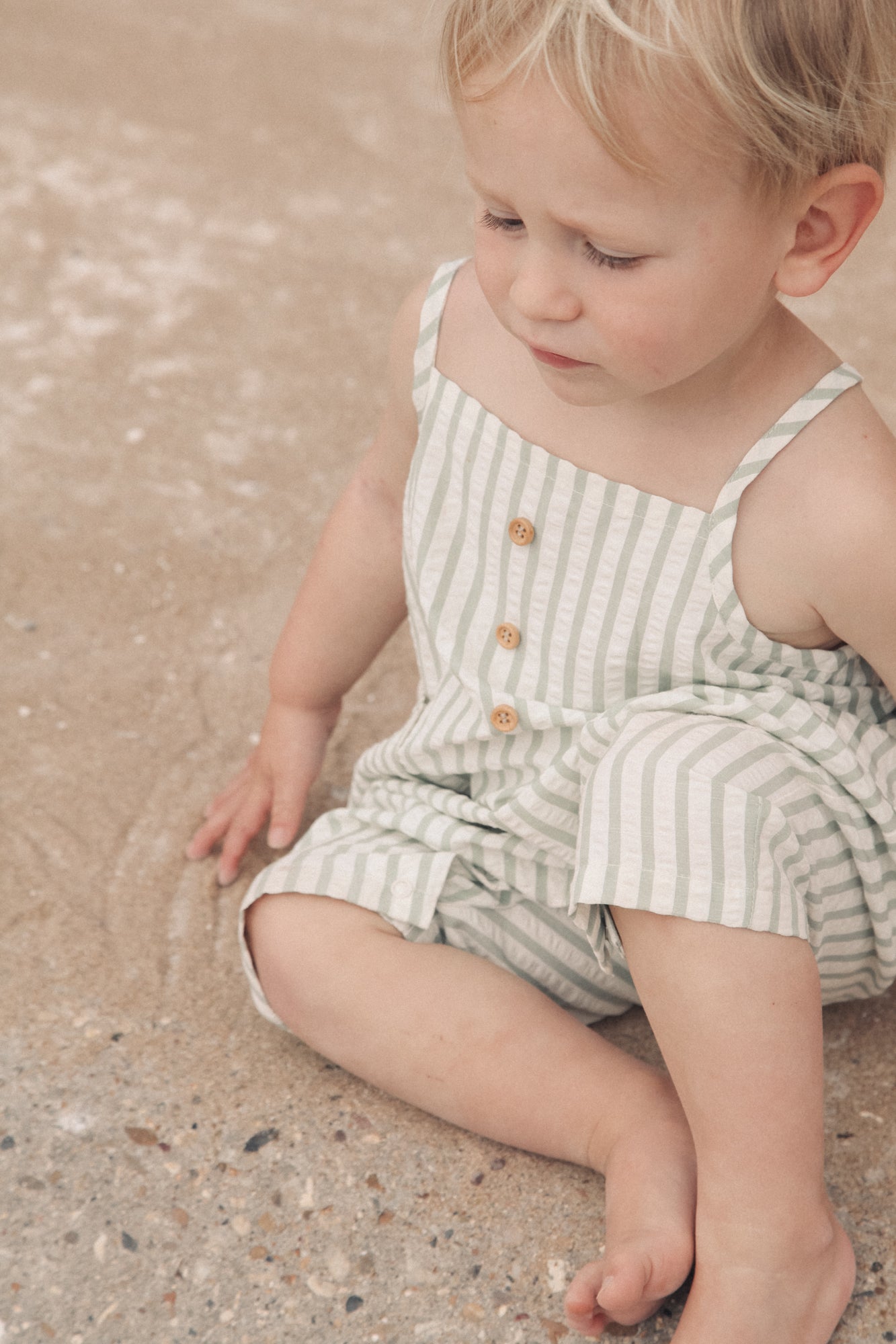 Unisex Green/White Seersucker Stripe Shortie Overalls