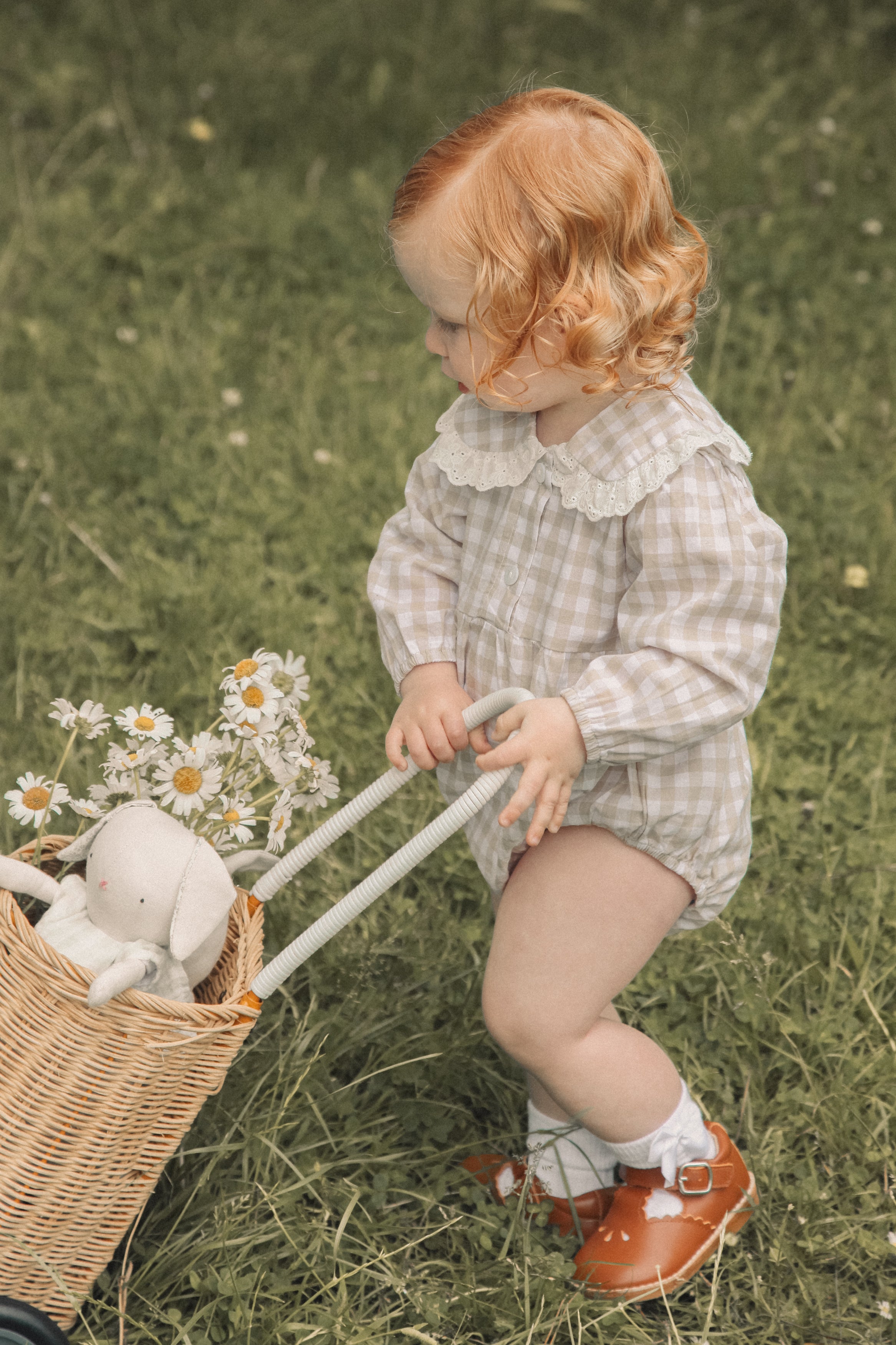 Beige/Check Broderie Frill Collar Romper