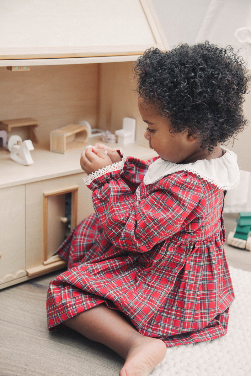 Cream & Red Christmas Check Smocked Dress