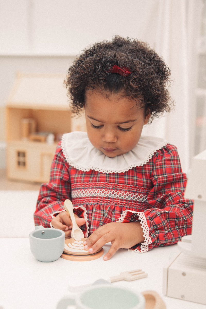 Cream & Red Christmas Check Smocked Dress