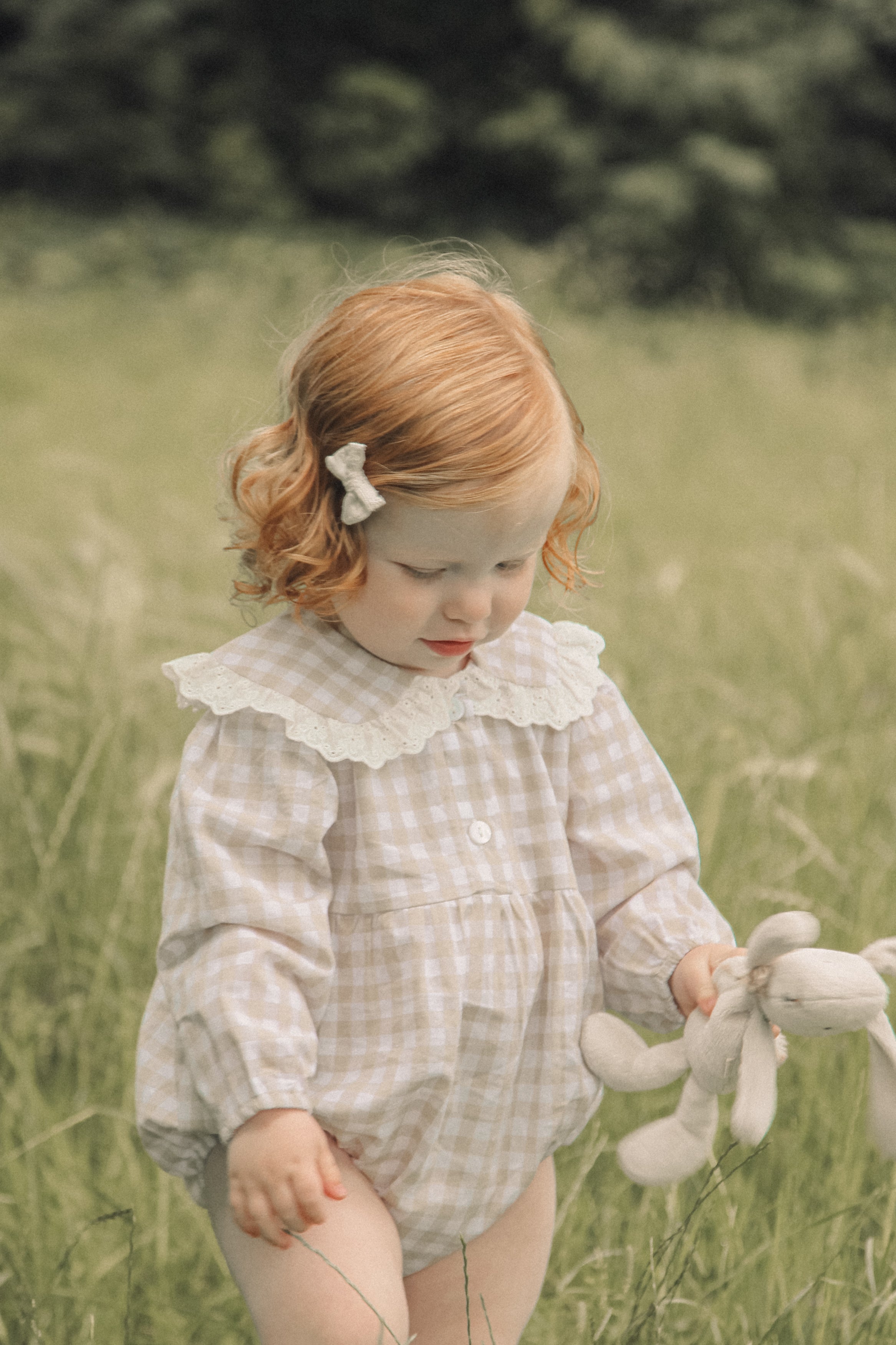 Beige/Check Broderie Frill Collar Romper