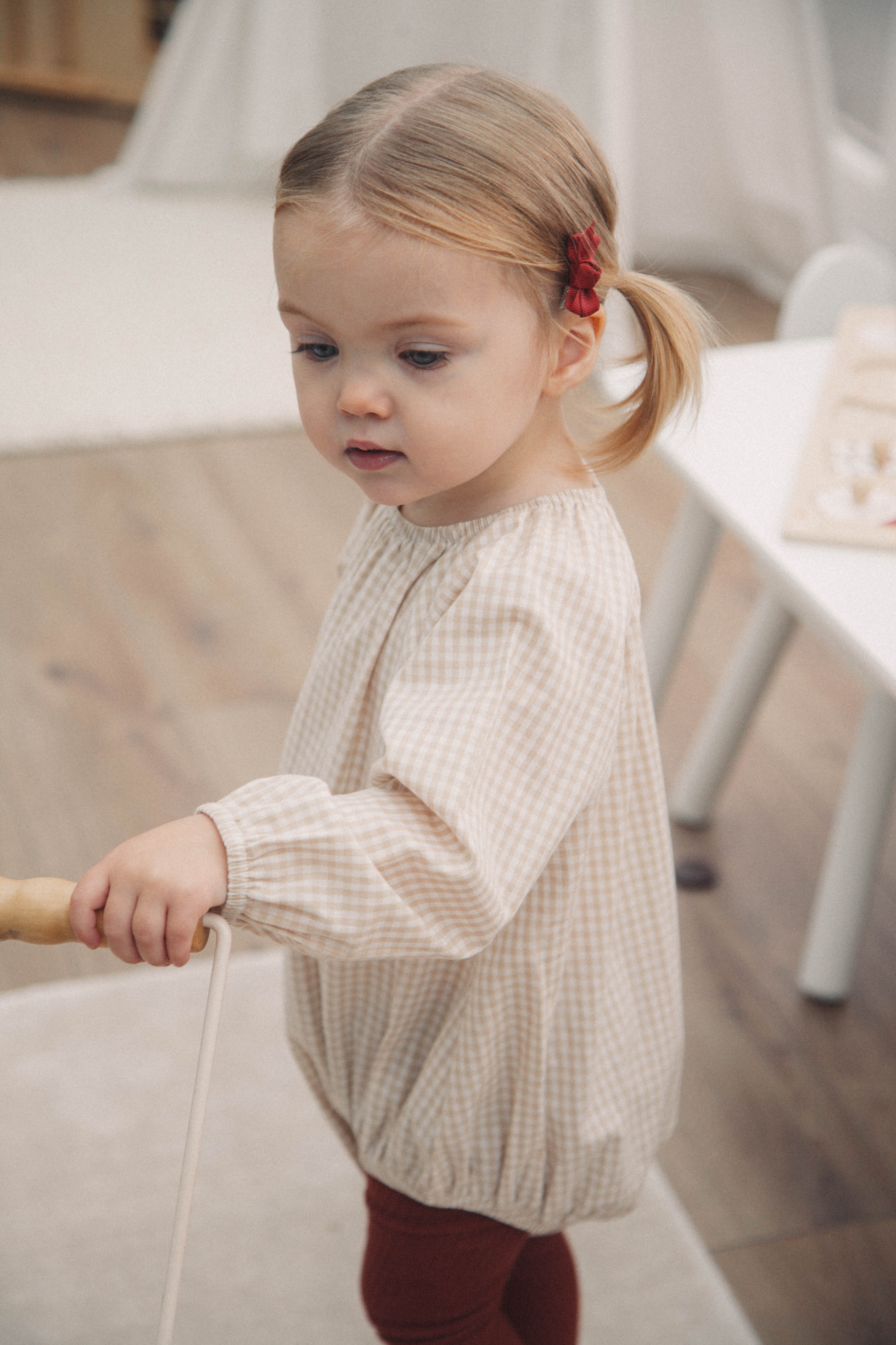 Beige/Gingham Long Sleeve Oversized Romper