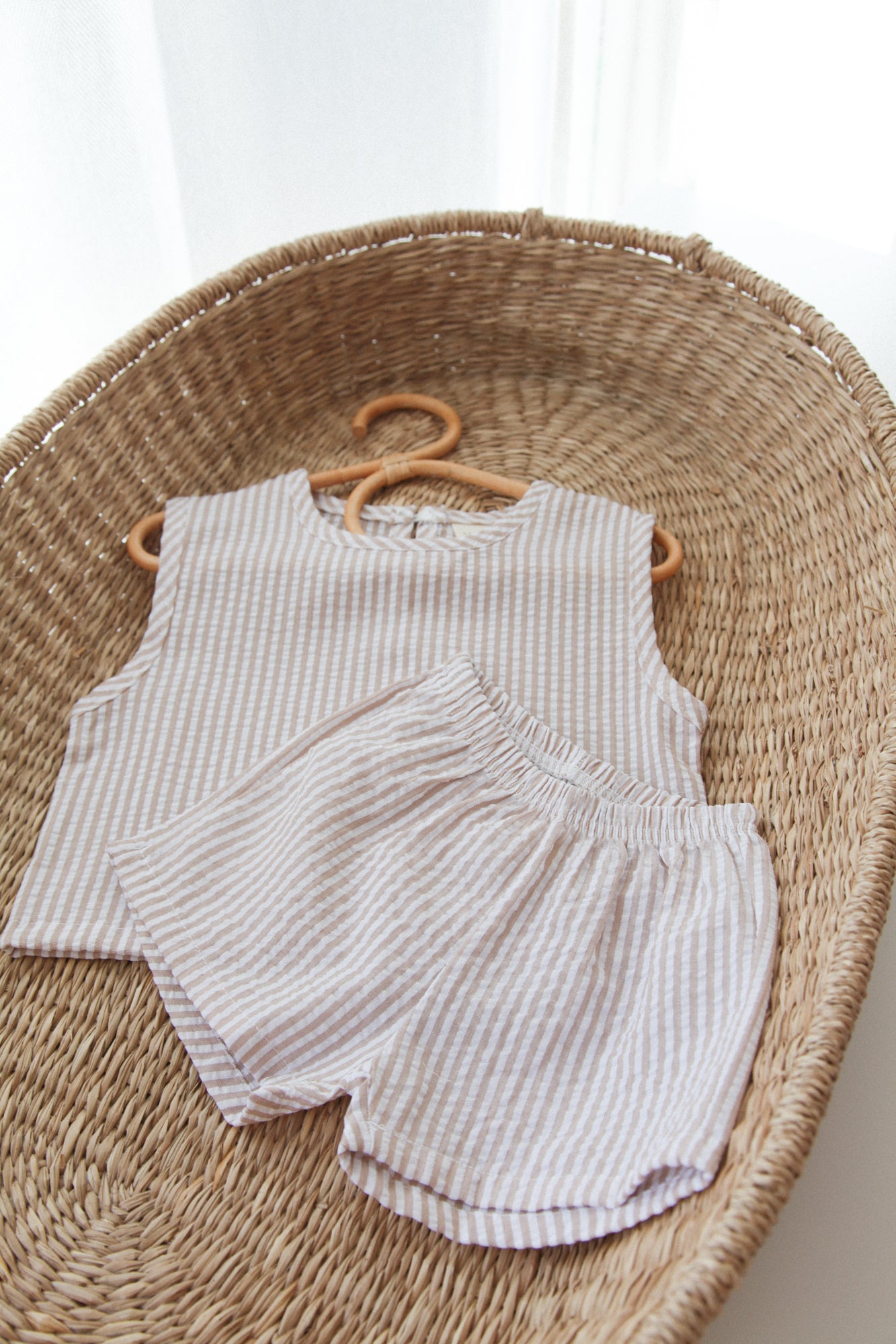 Light/Brown Seersucker Stripe Top & Shorts Co-ord