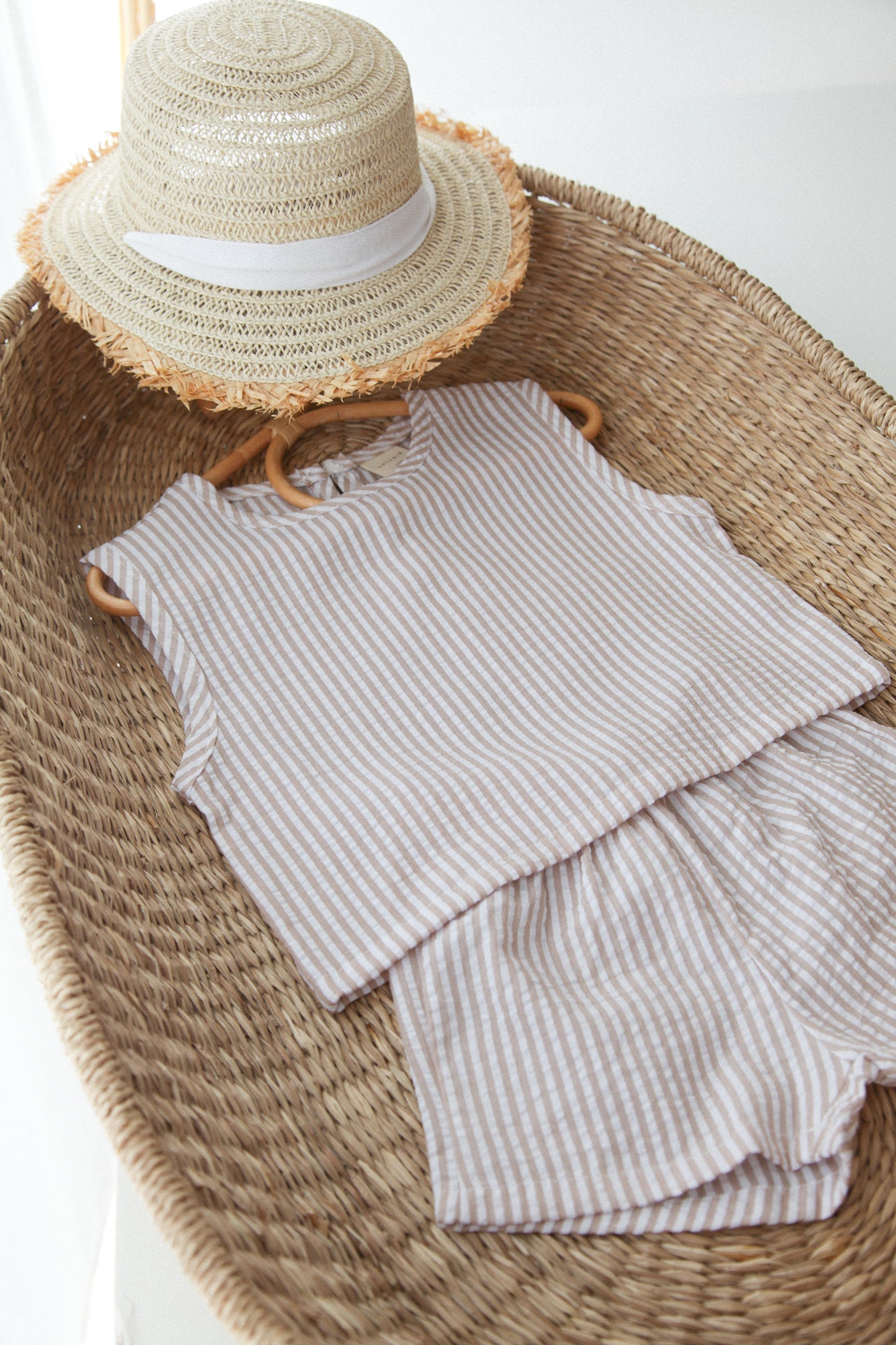 Light/Brown Seersucker Stripe Top & Shorts Co-ord