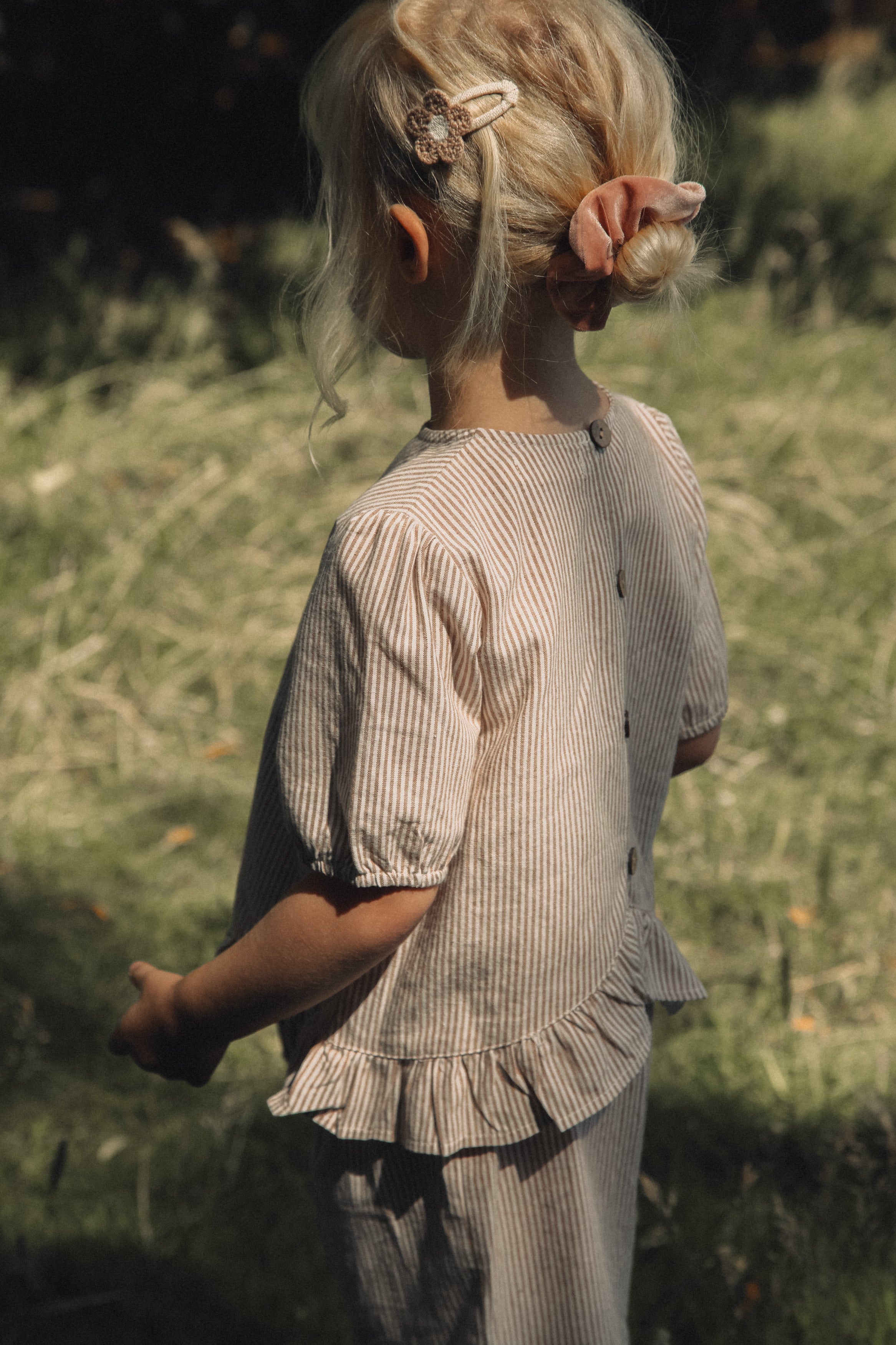 Brown/Stripe Cotton Frill Button Back Top