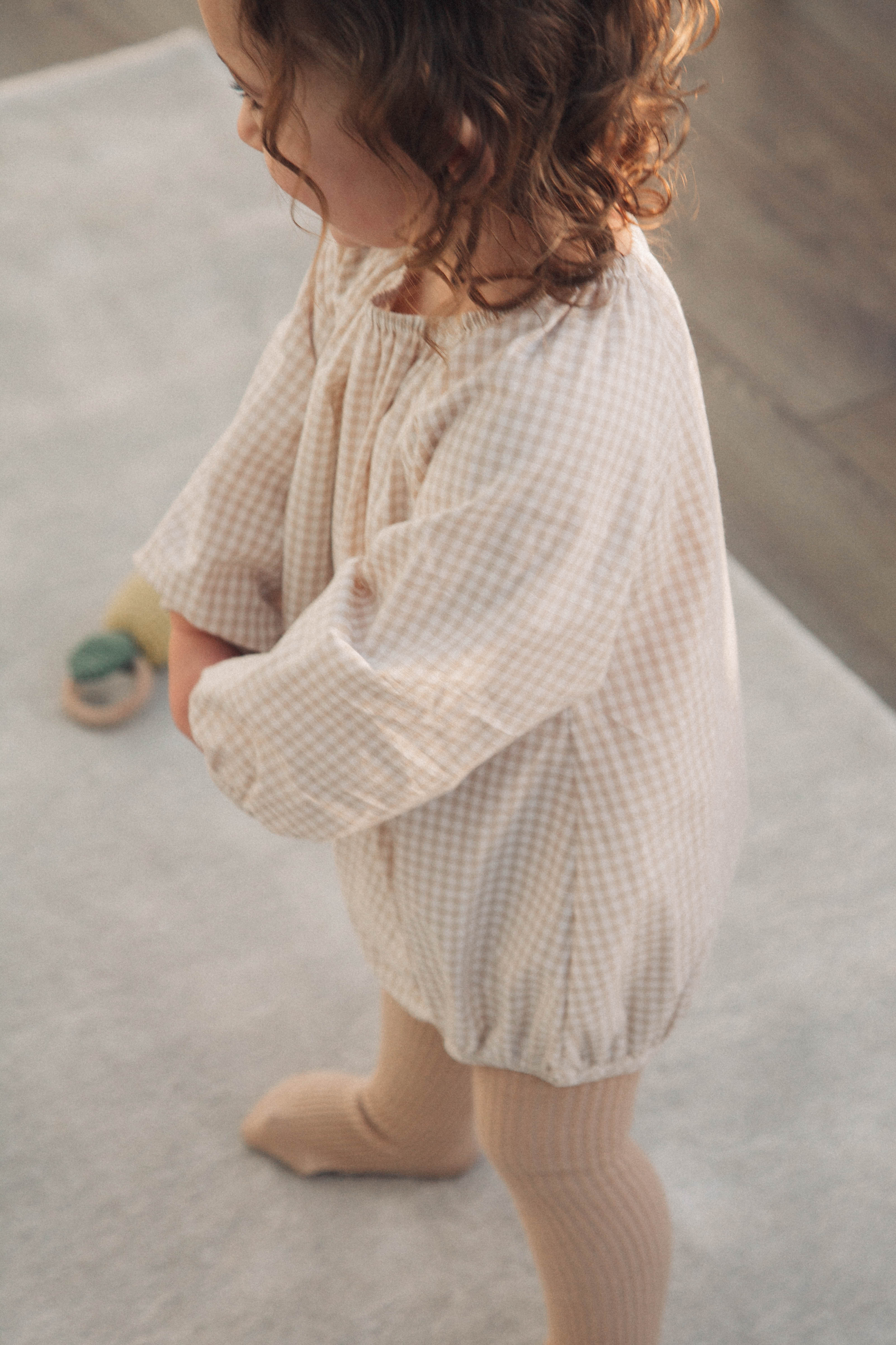 Beige/Gingham Long Sleeve Oversized Romper