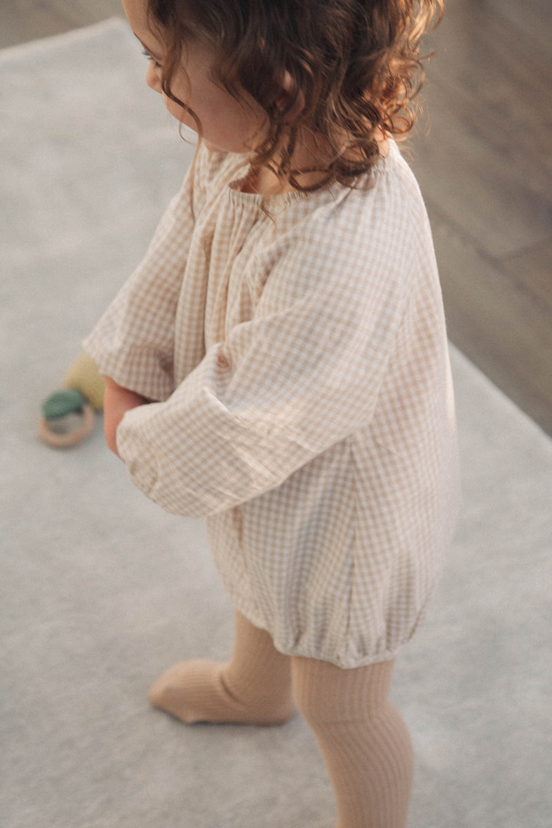 Beige/Gingham Long Sleeve Romper