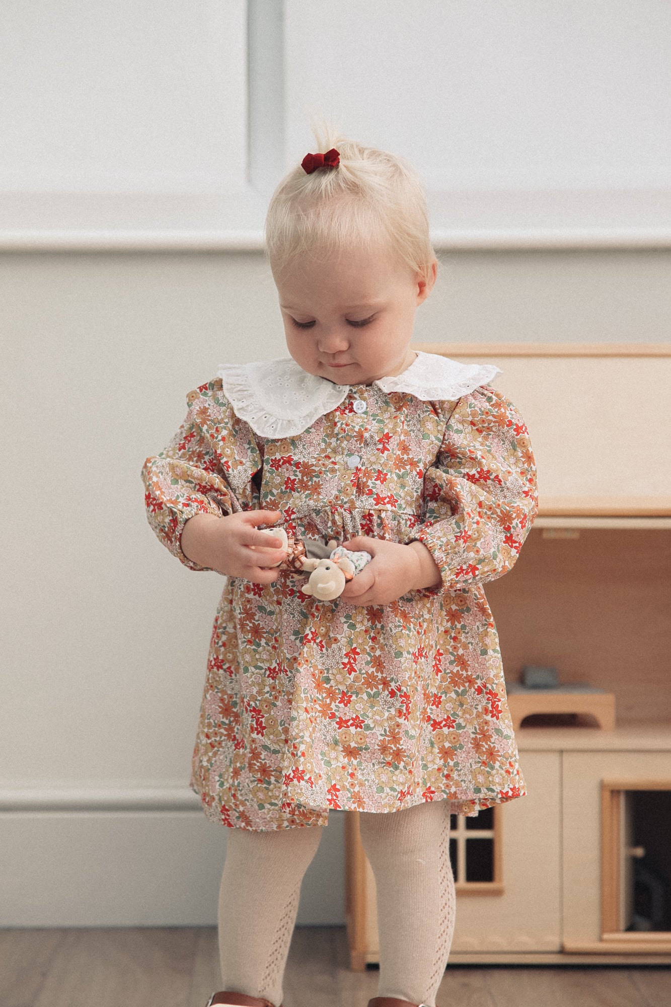 Autumn Floral & White Broderie Oversized Collar Dress