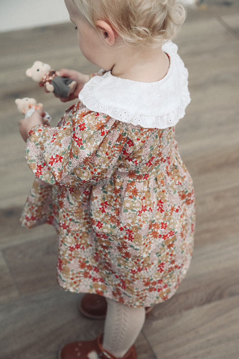 Autumn Floral & White Broderie Oversized Collar Dress