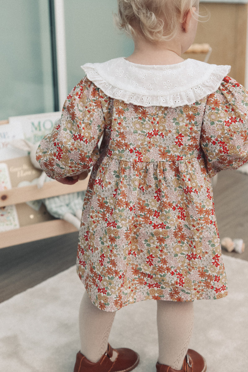 Autumn Floral & White Broderie Oversized Collar Dress