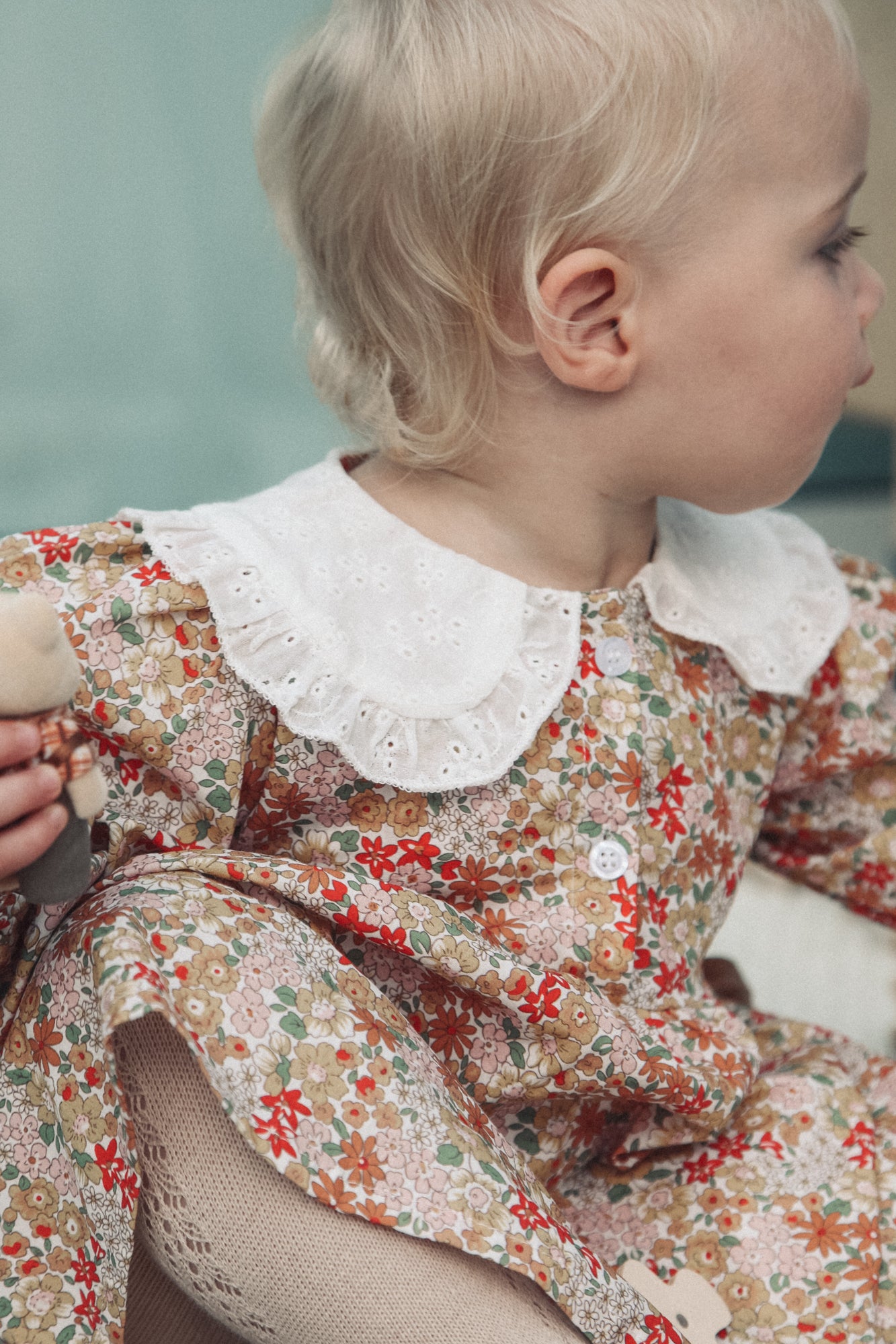 Autumn Floral & White Broderie Oversized Collar Dress