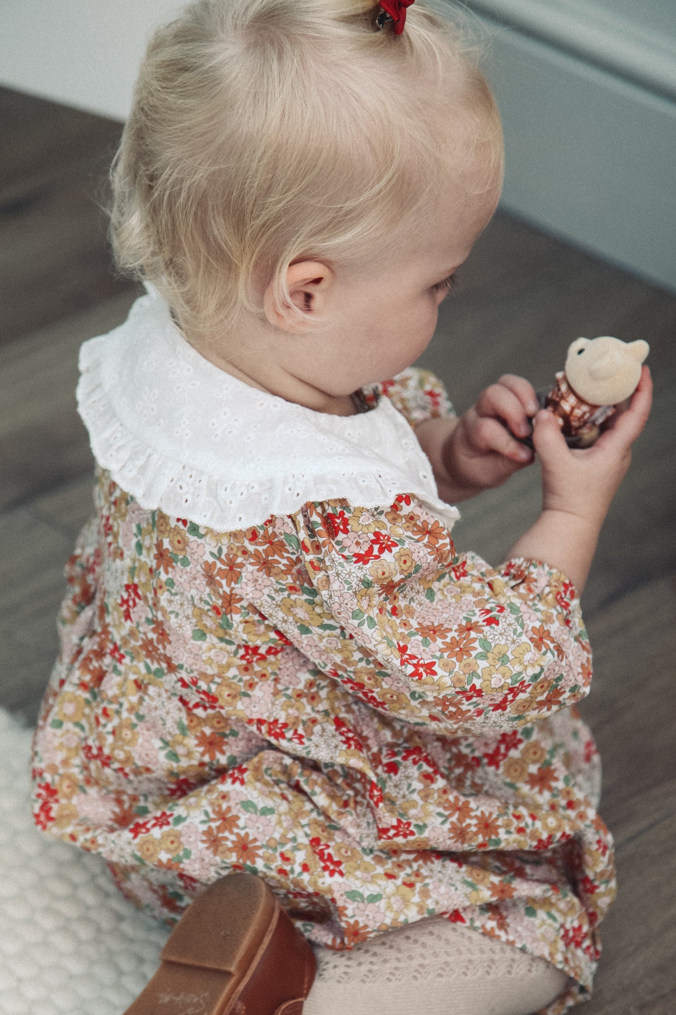 Autumn Floral & White Broderie Oversized Collar Dress