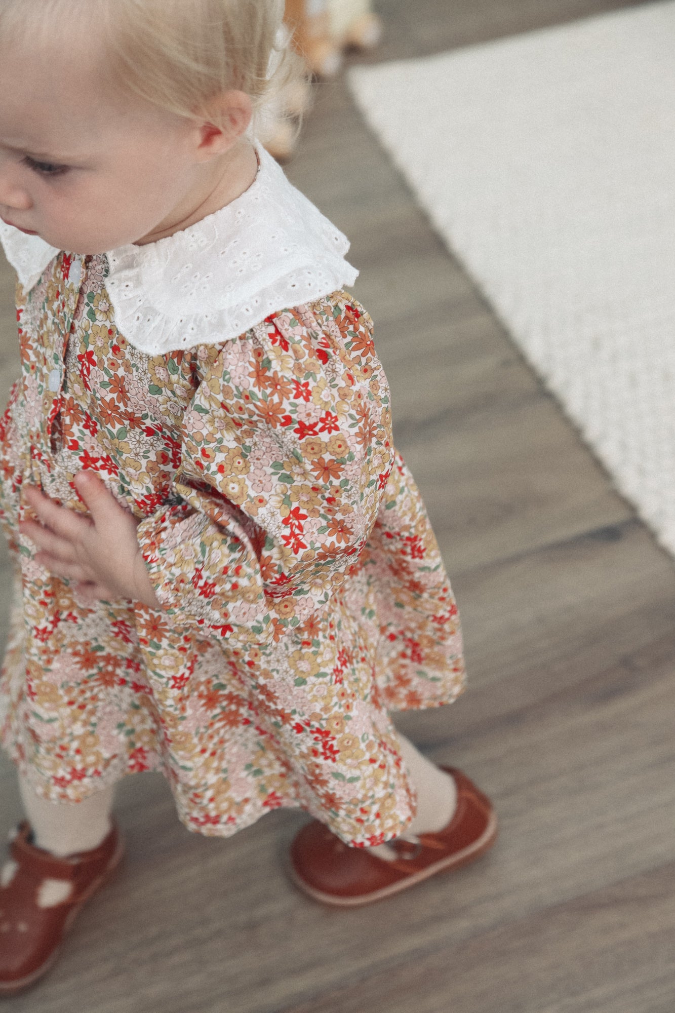 Autumn Floral & White Broderie Oversized Collar Dress