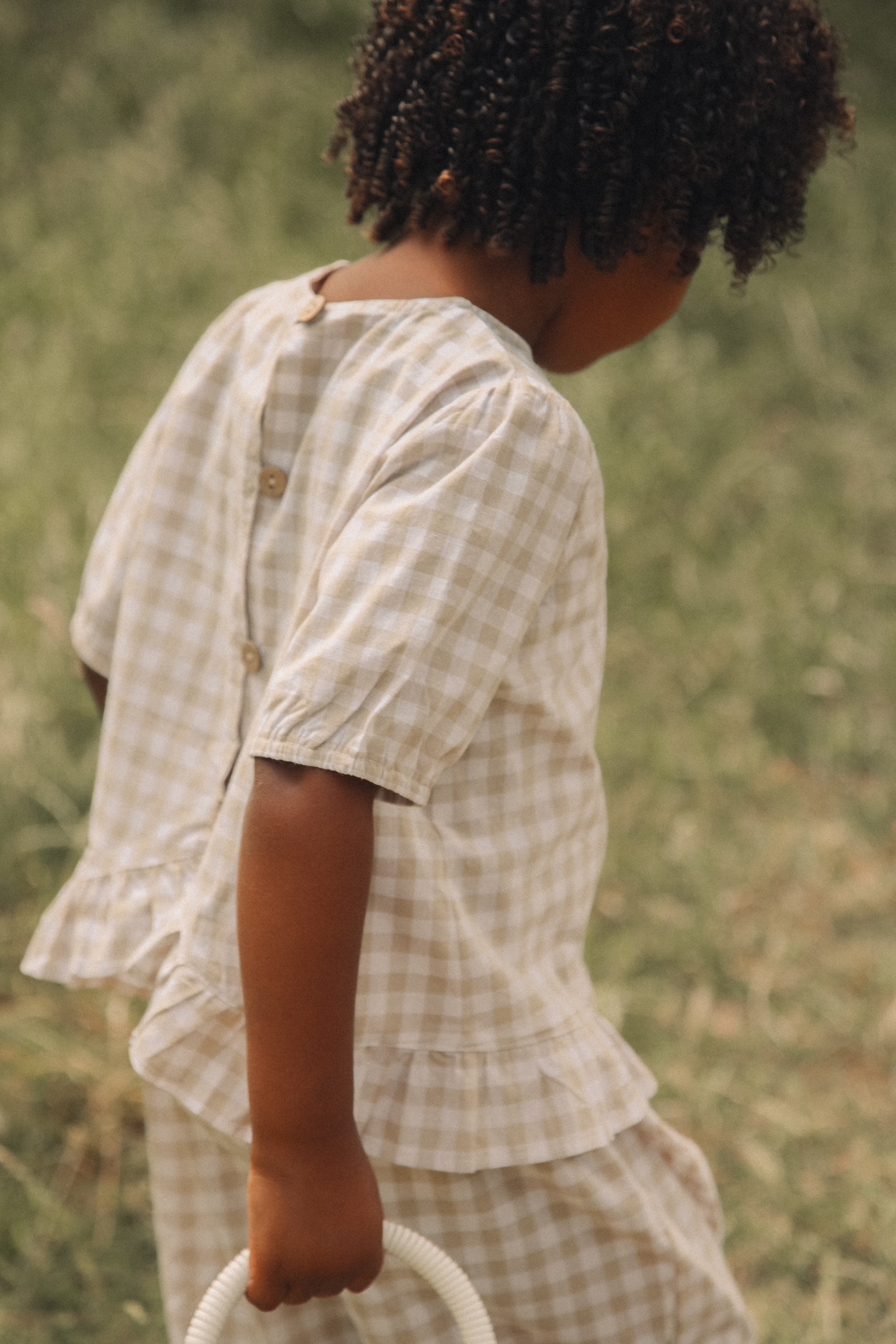 Beige/Check Cotton Frill Button Back Top