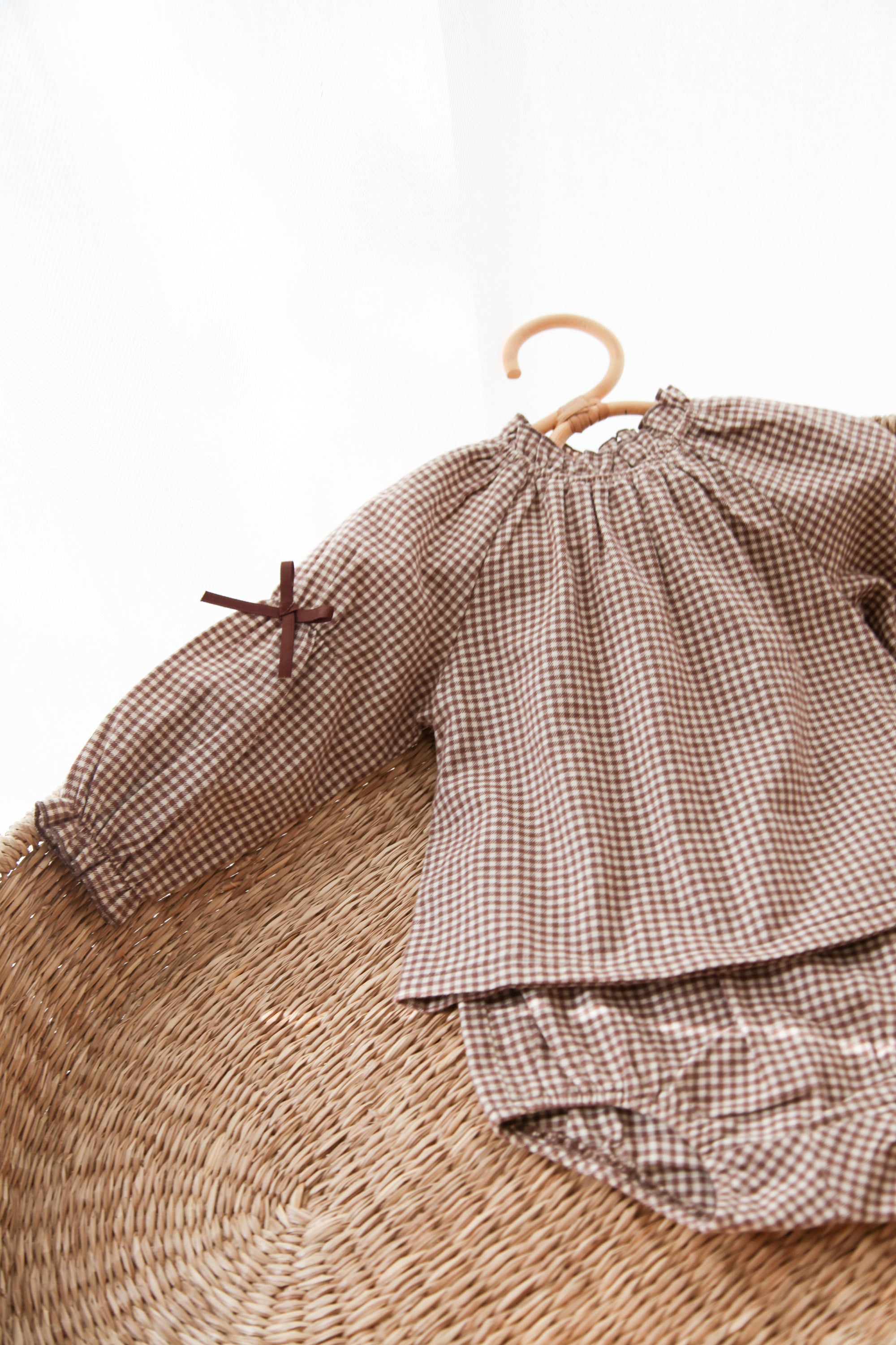 Brown/Gingham Bow Sleeve Blouse & Bloomer Set