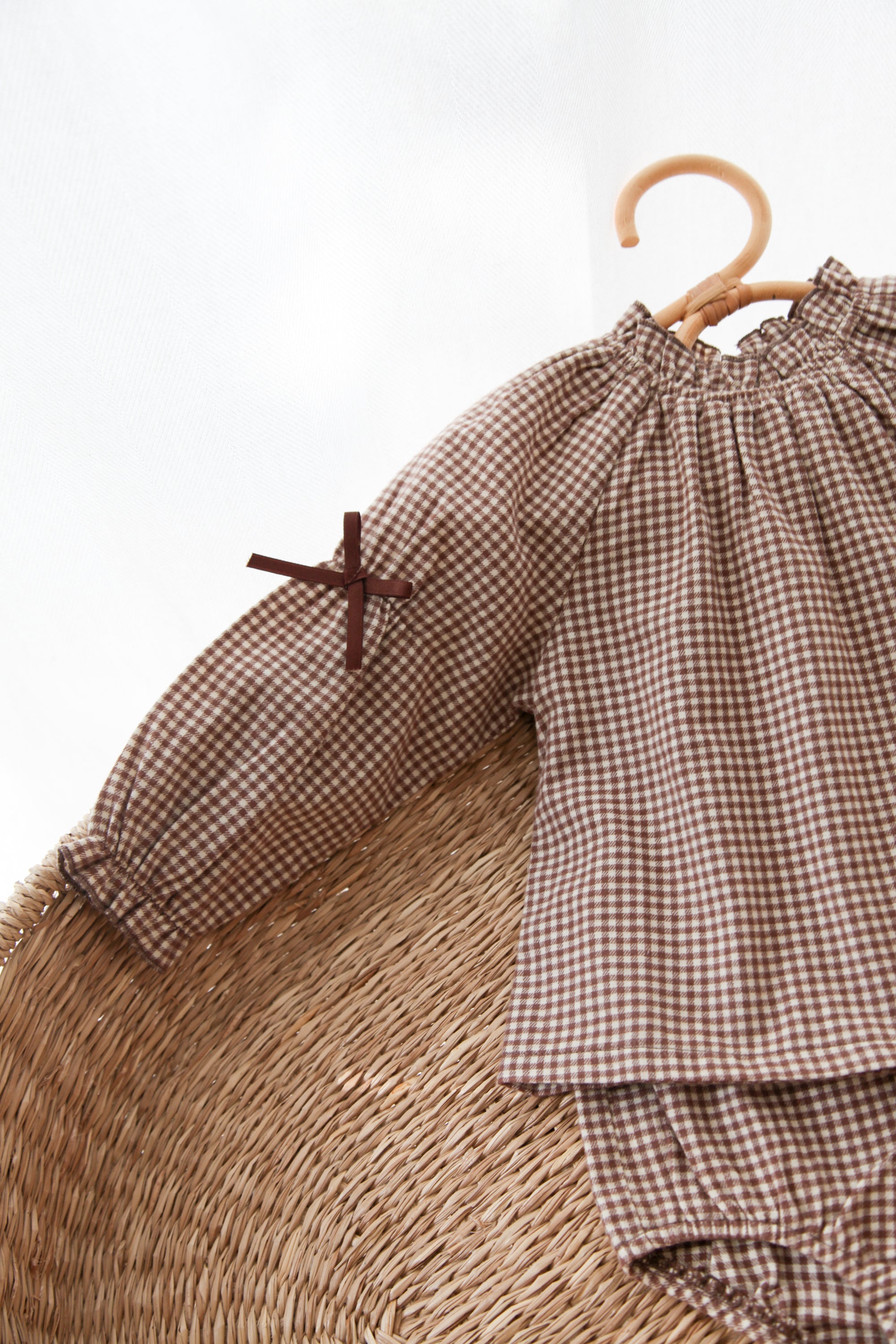Brown/Gingham Bow Sleeve Blouse & Bloomer Set