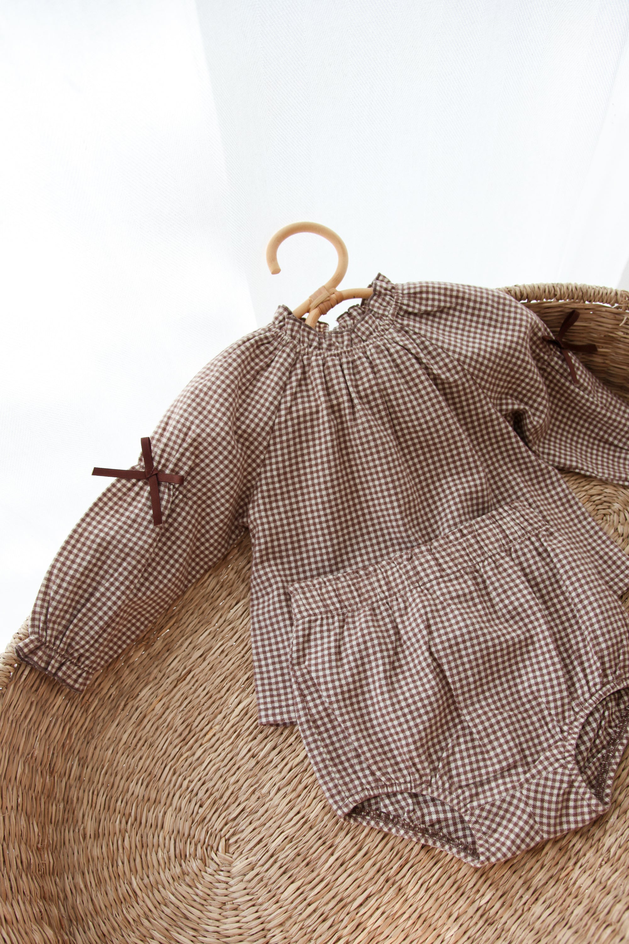 Brown/Gingham Bow Sleeve Blouse & Bloomer Set